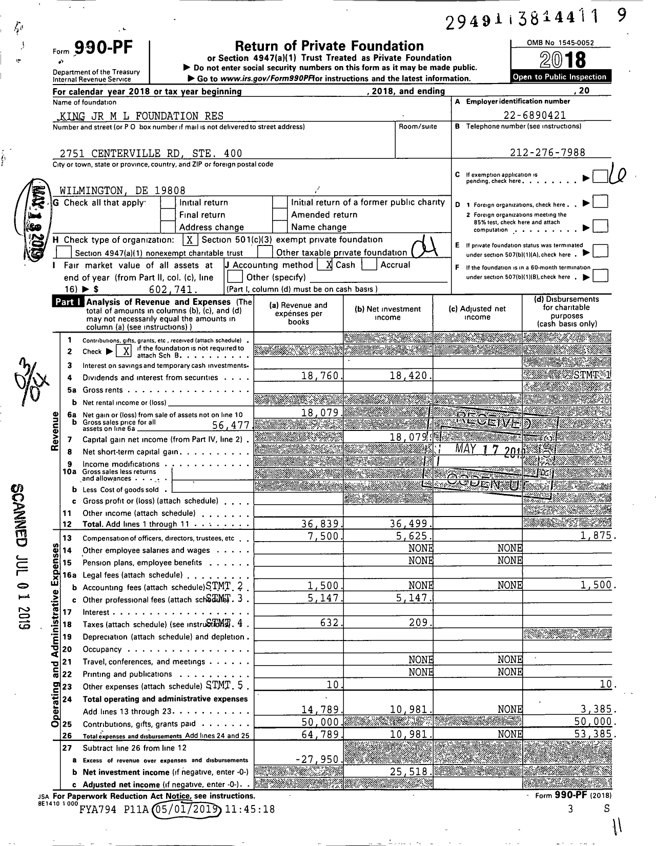 Image of first page of 2018 Form 990PF for King JR M L Foundation Res