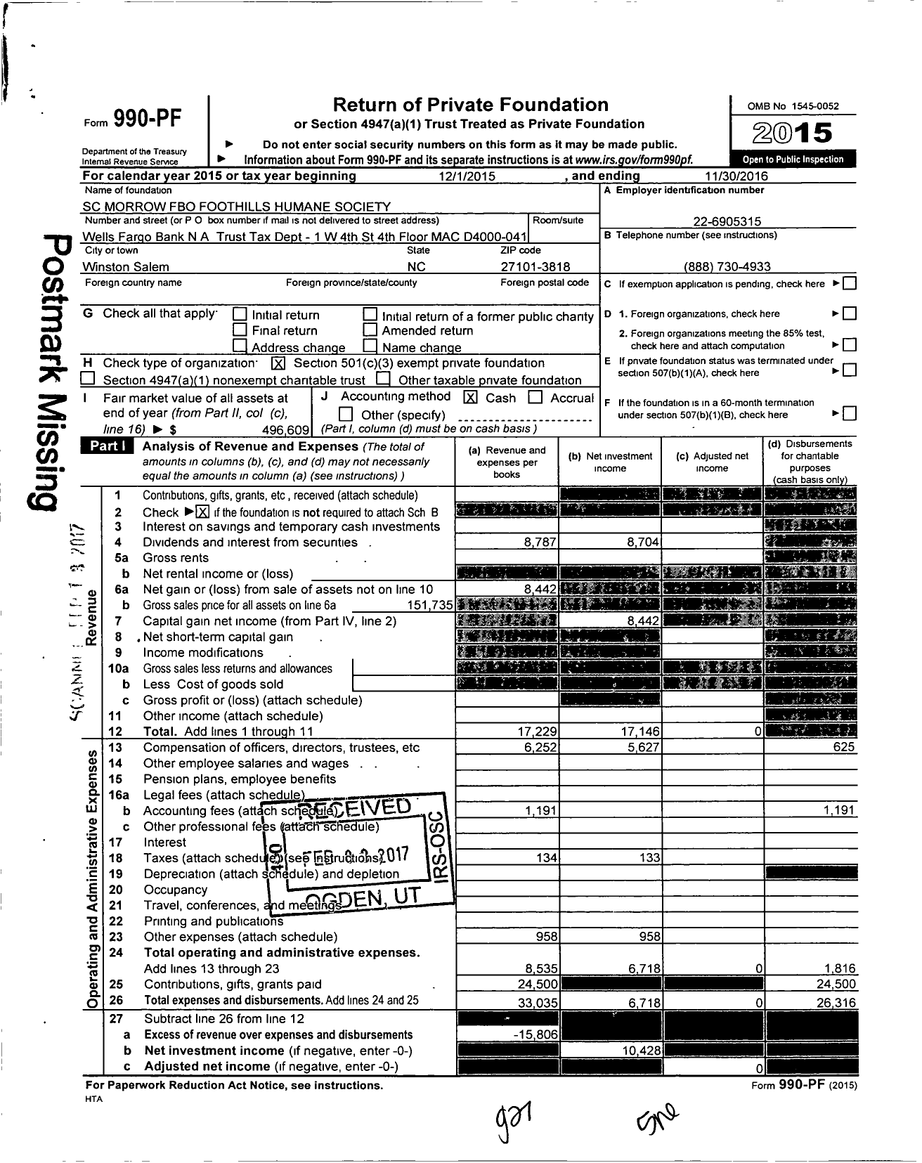 Image of first page of 2015 Form 990PF for SC Morrow Fbo Foothills Humane Society