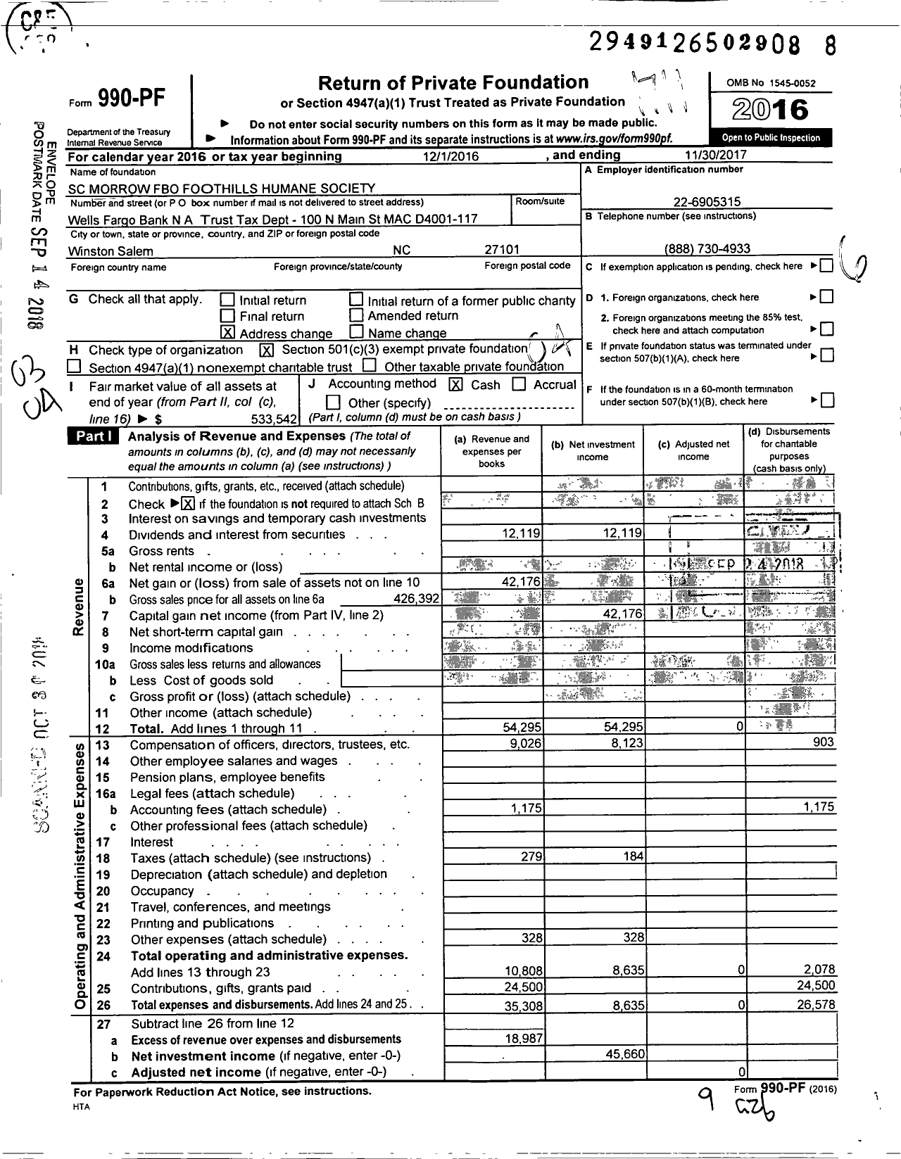 Image of first page of 2016 Form 990PF for SC Morrow Fbo Foothills Humane Society