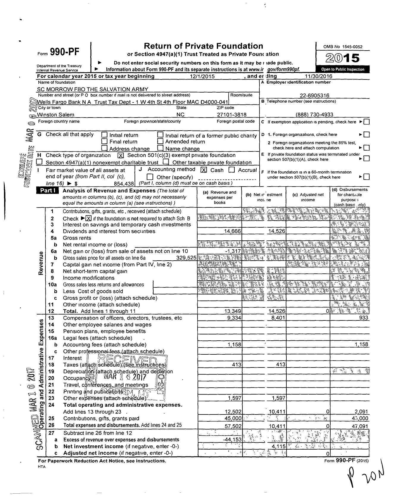 Image of first page of 2015 Form 990PF for SC Morrow Fbo the Salvation Army