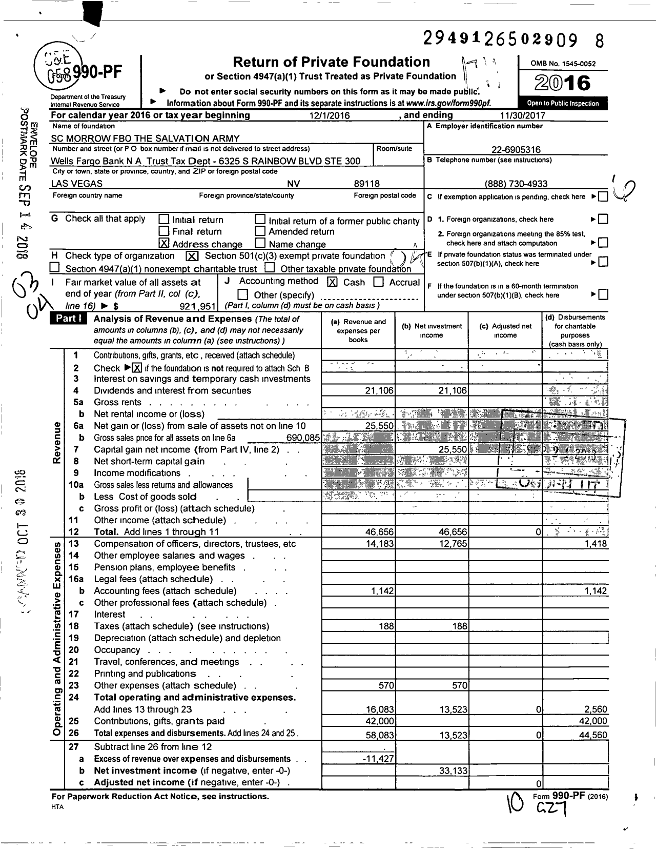 Image of first page of 2016 Form 990PF for SC Morrow Fbo the Salvation Army