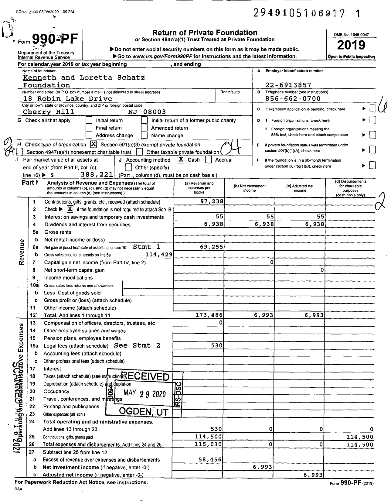 Image of first page of 2019 Form 990PF for Kenneth and Loretta Schatz Foundation