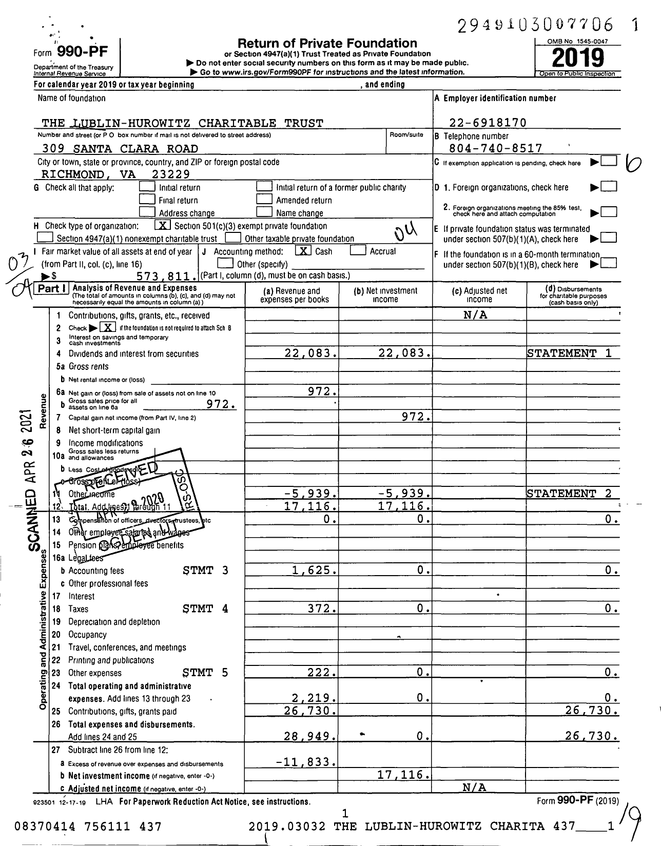 Image of first page of 2019 Form 990PF for The Lublin-Hurowitz Charitable Trust