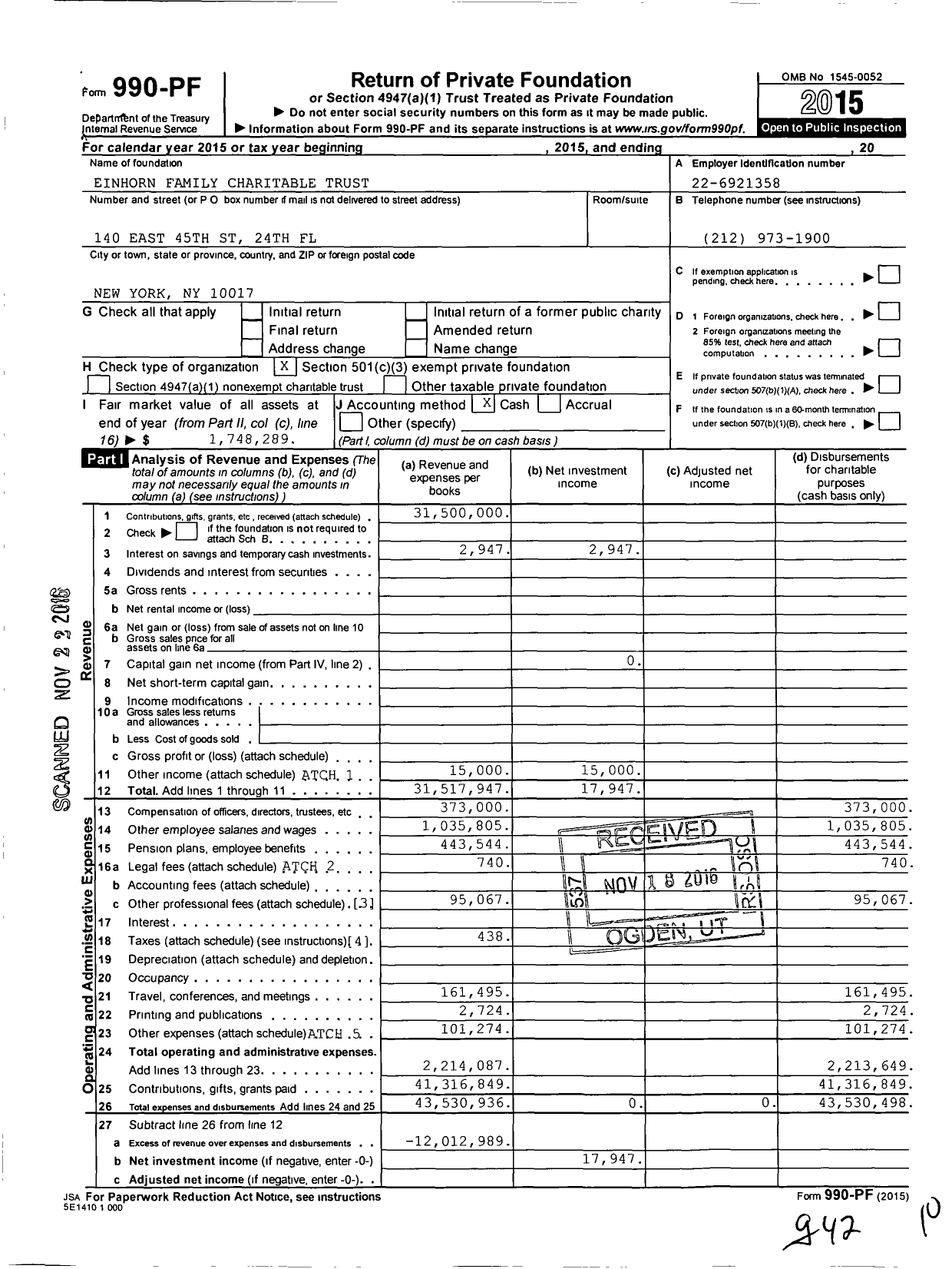 Image of first page of 2015 Form 990PF for Einhorn Collaborative (EFCT)