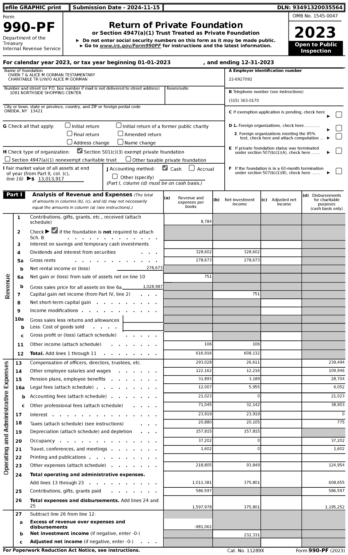 Image of first page of 2023 Form 990PF for Owen T and Alice M Gorman Testamentary Charitable TR U / W / O Alice M Gorman