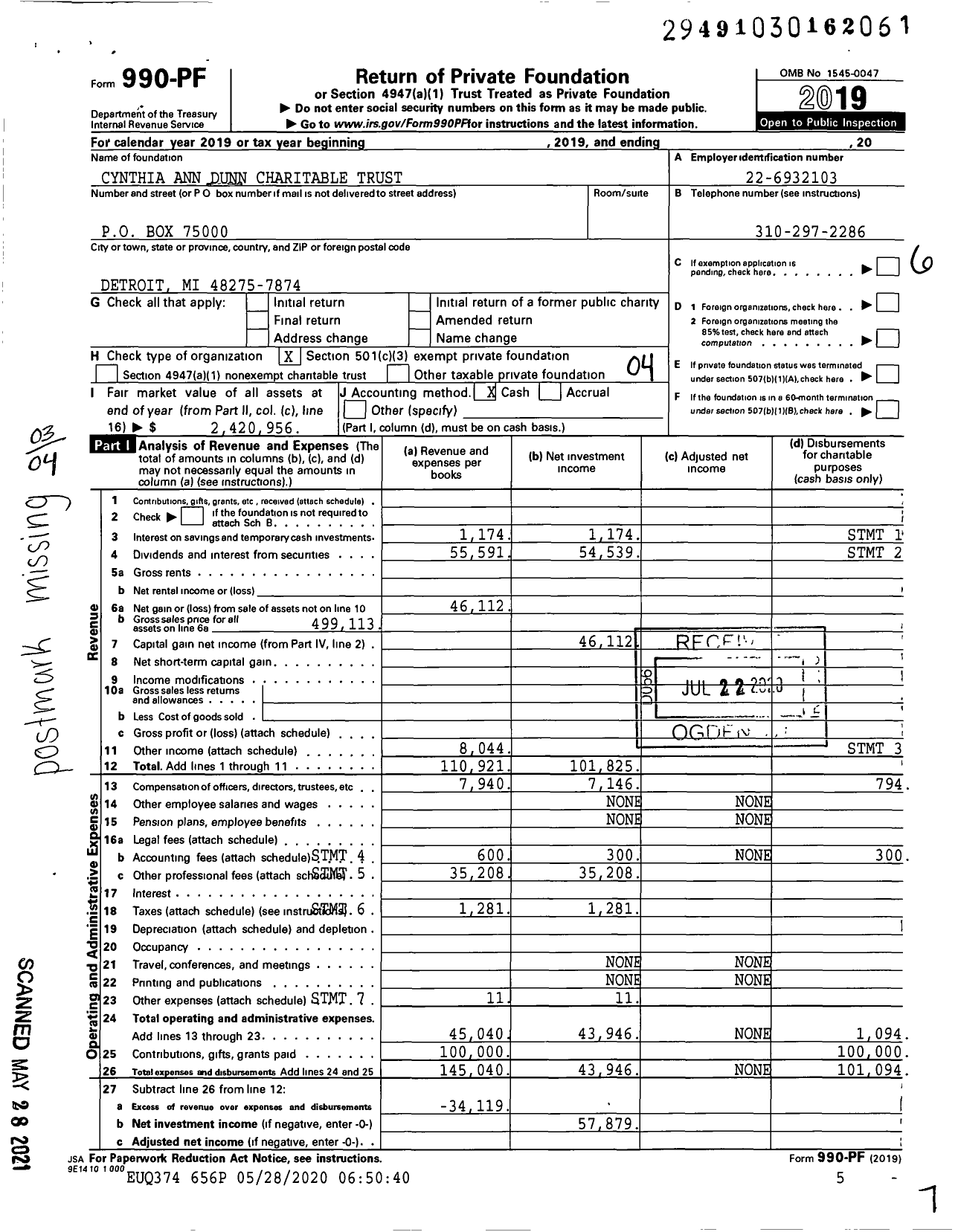 Image of first page of 2019 Form 990PF for Cynthia Ann Dunn Charitable Trust