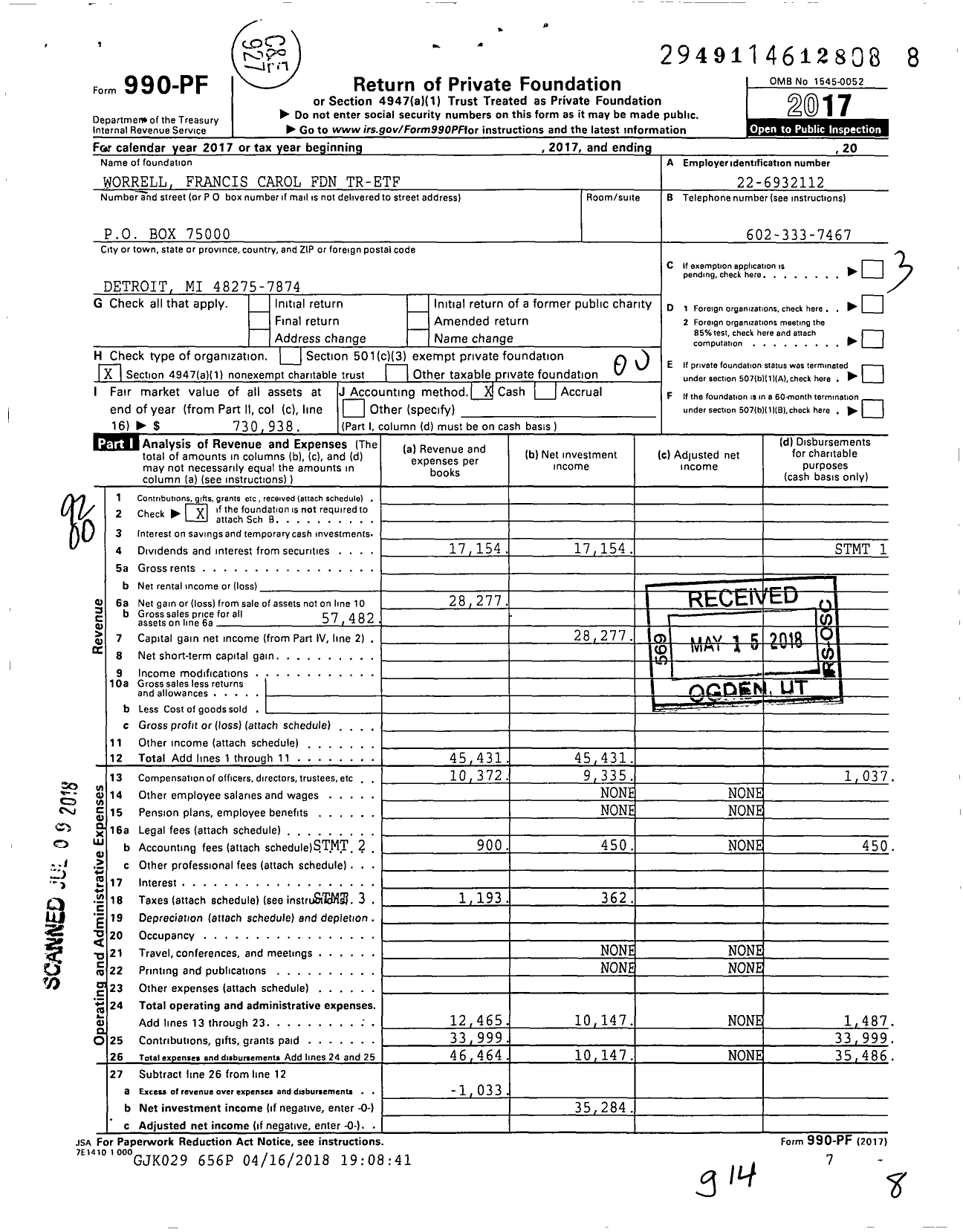 Image of first page of 2017 Form 990PF for Worrell Francis Carol Foundation Tr-Etf