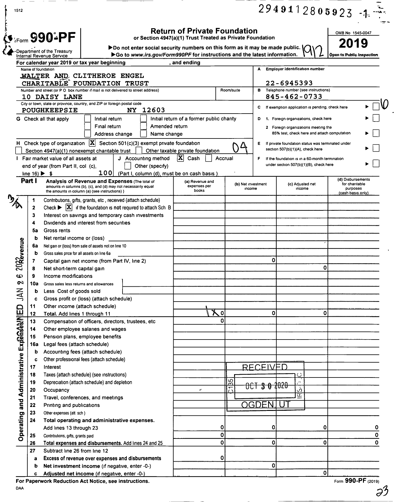 Image of first page of 2019 Form 990PF for Walter and Clitheroe Engel Charitable Foundation Trust