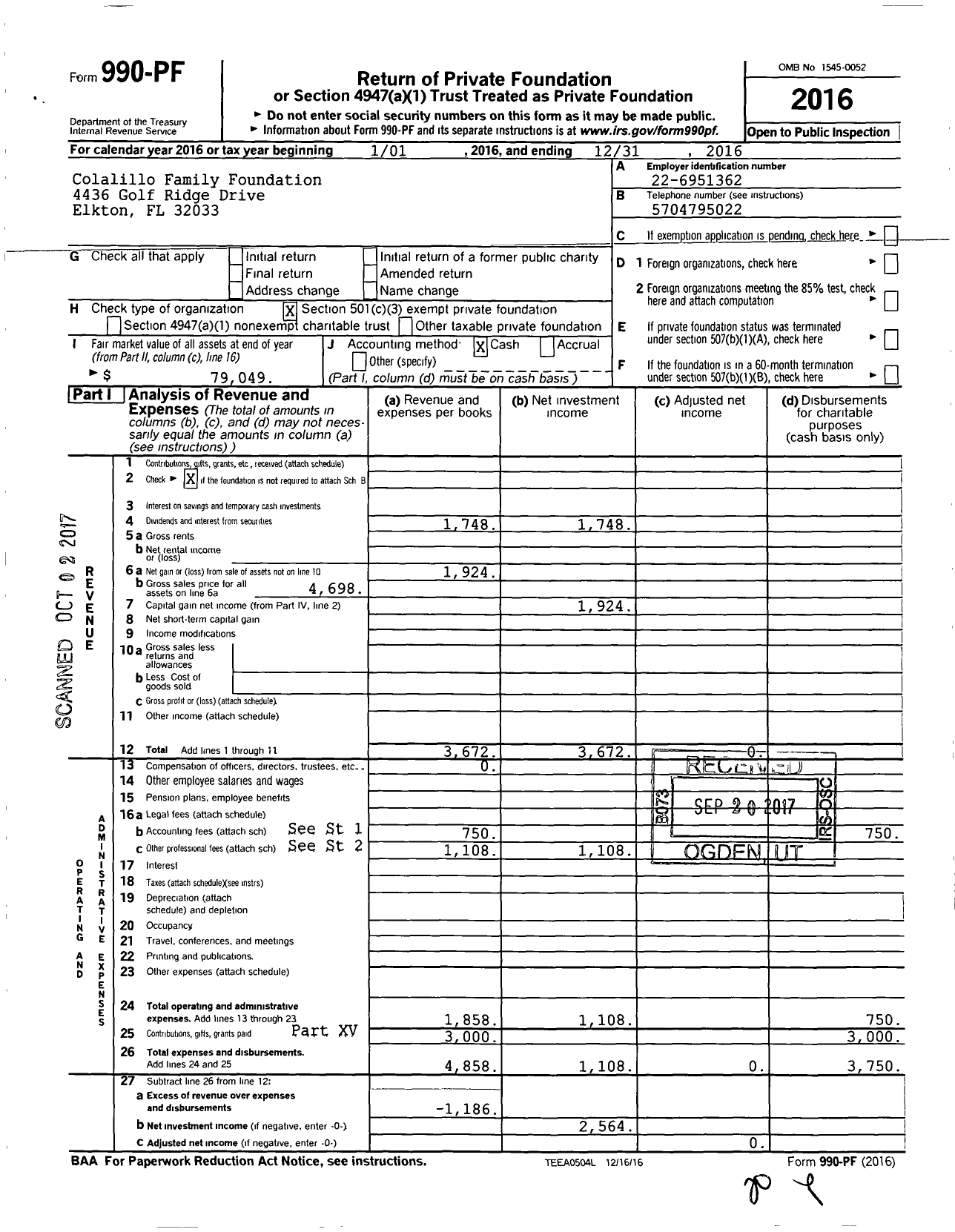 Image of first page of 2016 Form 990PF for Colalillo Family Foundation