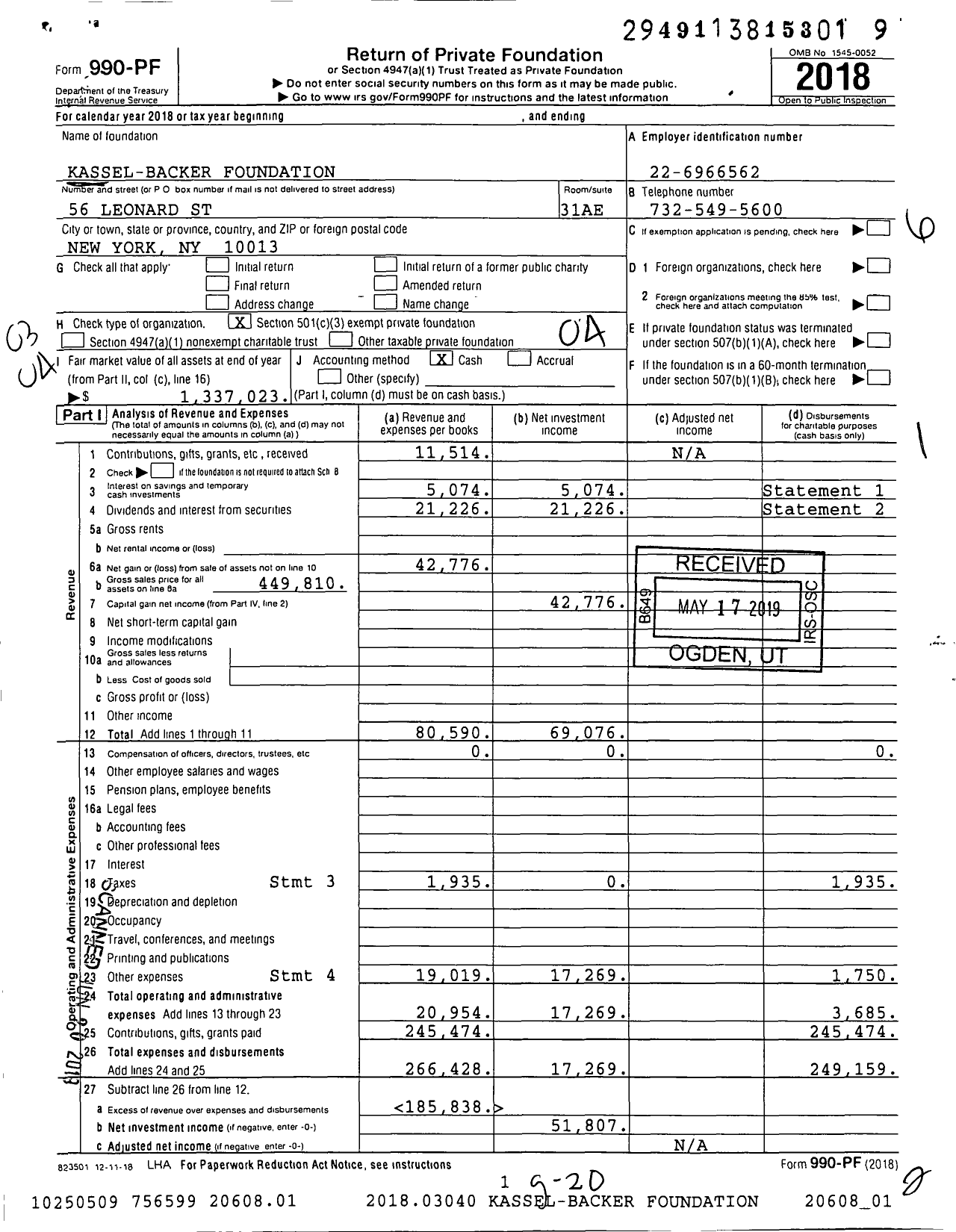 Image of first page of 2018 Form 990PF for Kassel-Backer Foundation