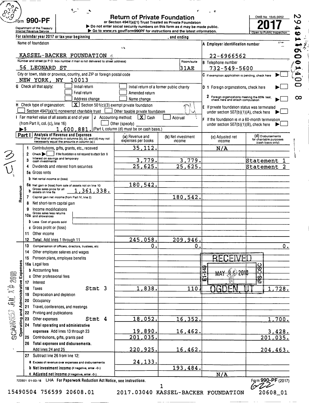 Image of first page of 2017 Form 990PF for Kassel-Backer Foundation