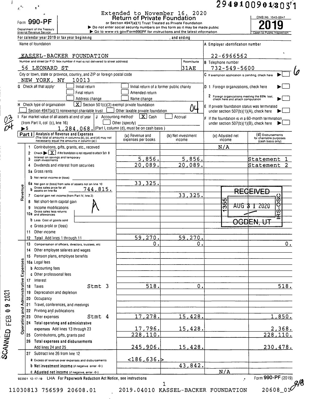 Image of first page of 2019 Form 990PF for Kassel-Backer Foundation