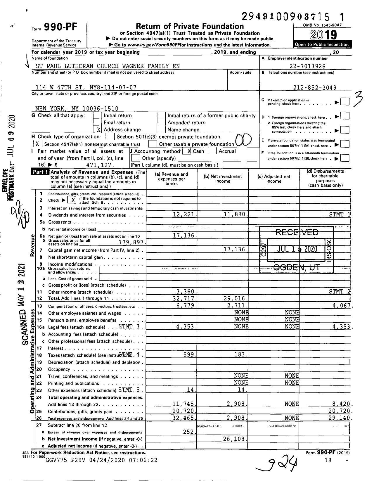 Image of first page of 2019 Form 990PF for St Paul Lutheran Church Wagner Family En