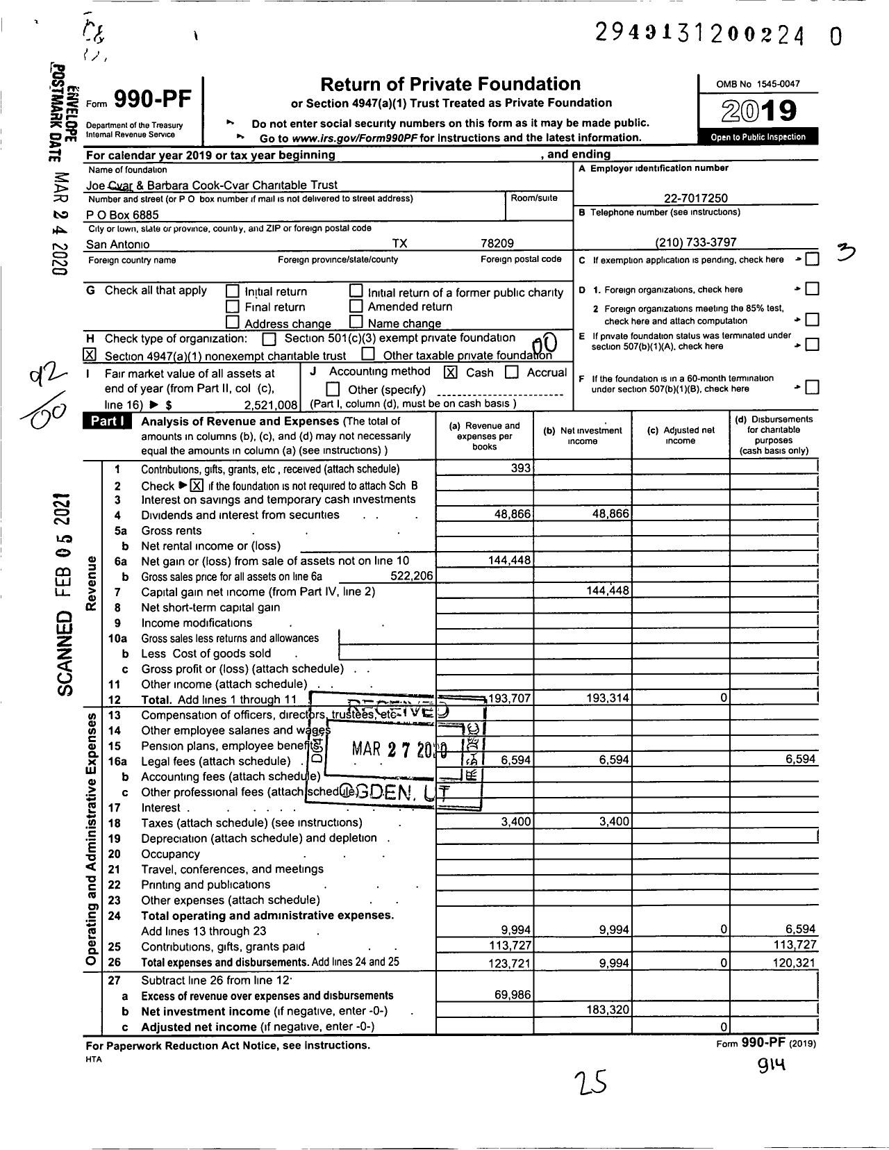 Image of first page of 2019 Form 990PF for Joseph G Cvar & BARBARA Cook-Cvar Charitable Trust