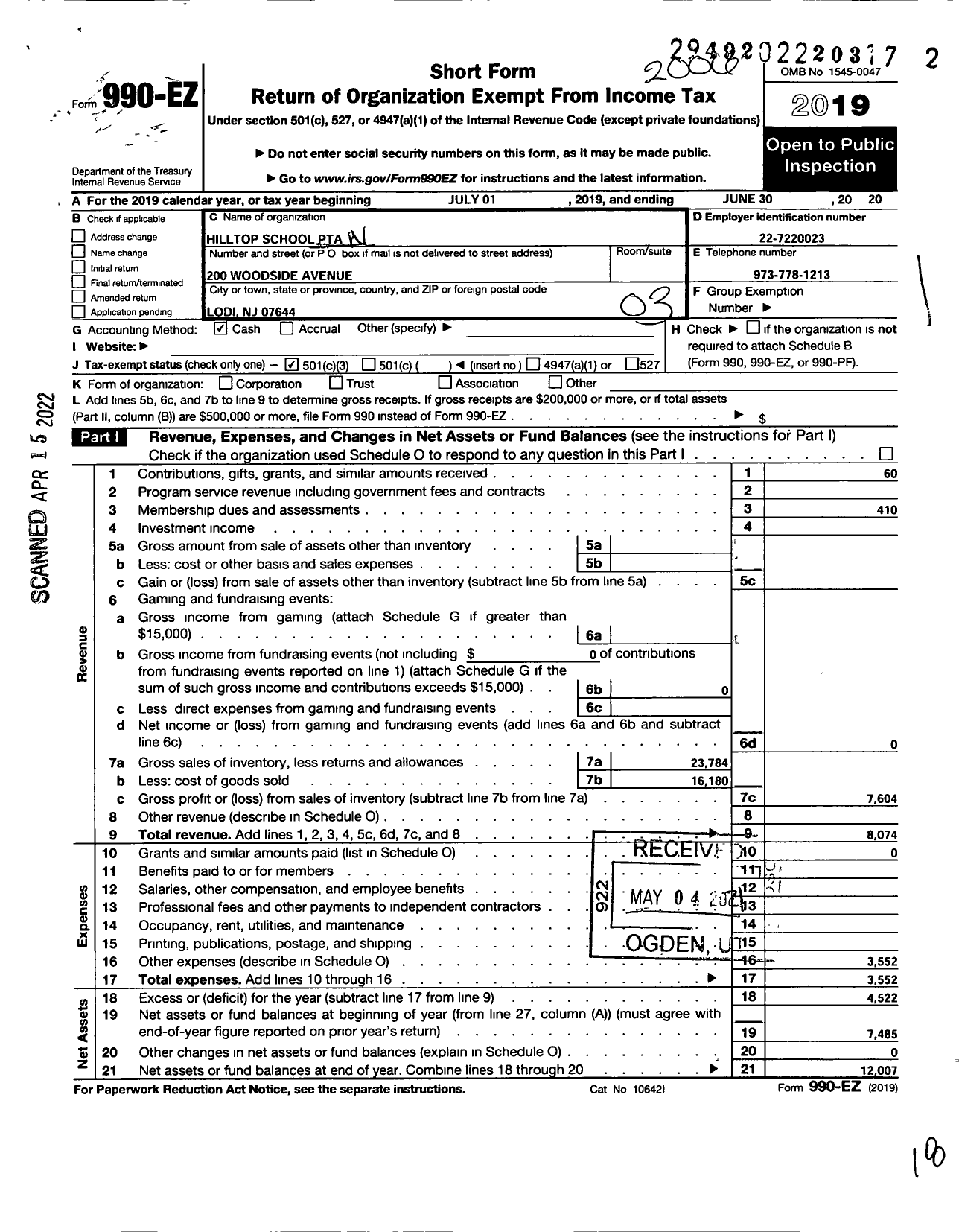 Image of first page of 2019 Form 990EZ for New Jersey PTA - 18807 Hilltop Elementary PTA