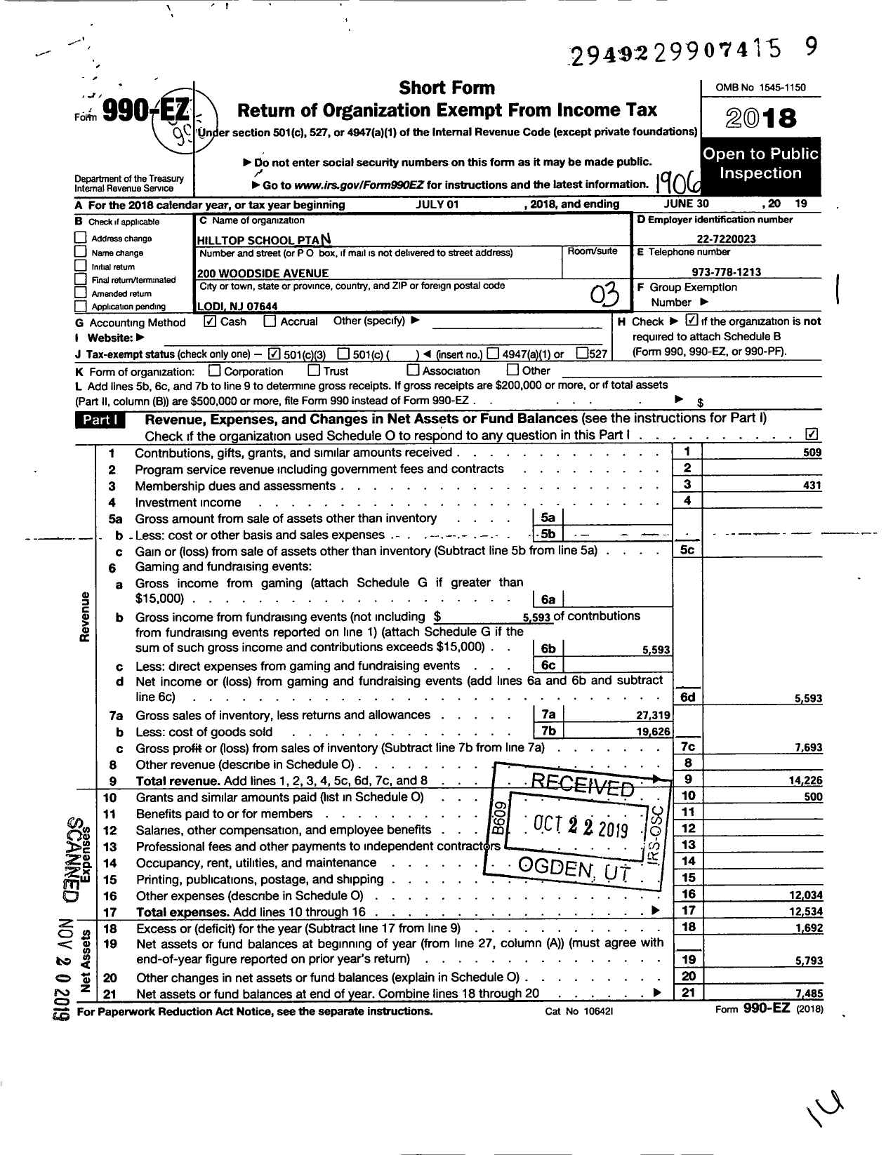 Image of first page of 2018 Form 990EZ for New Jersey PTA - 18807 Hilltop Elementary PTA