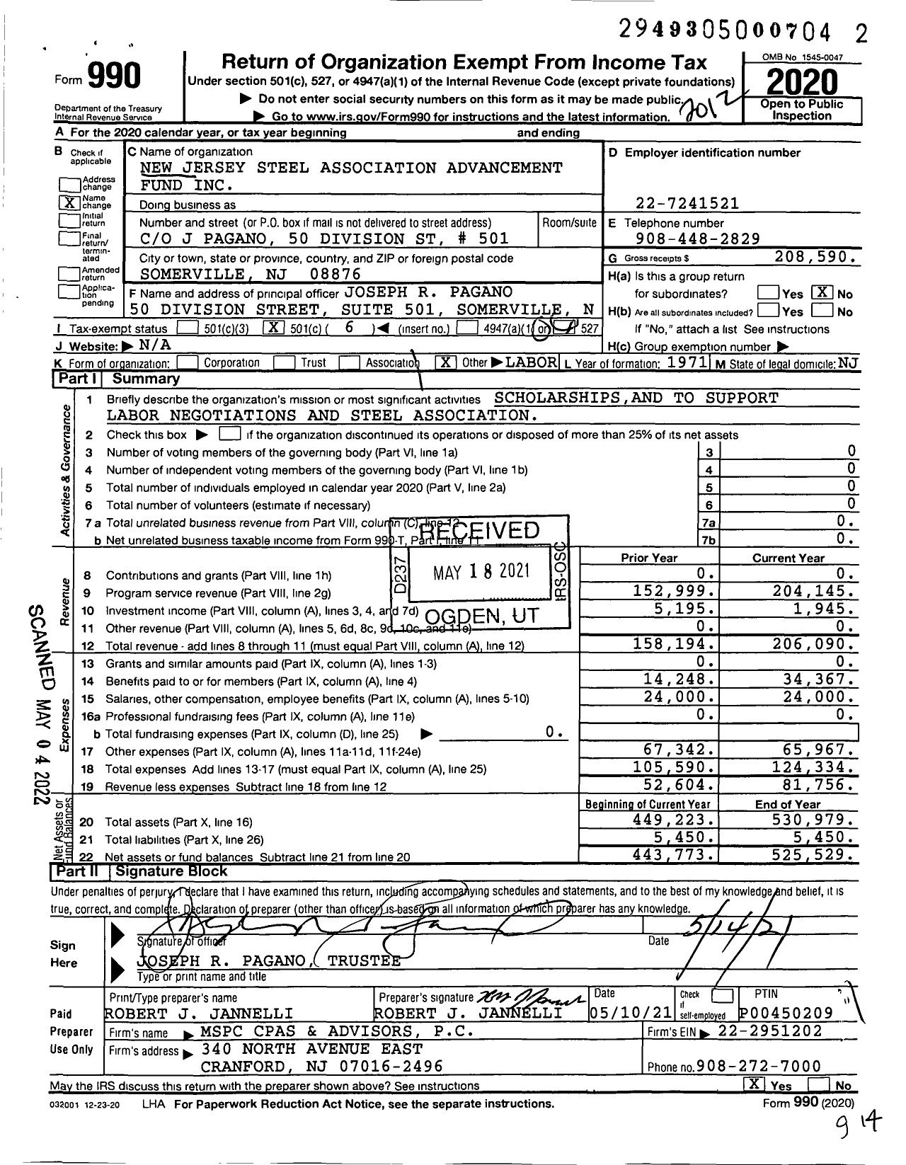 Image of first page of 2020 Form 990O for New Jersey Steel Association Advancement Fund