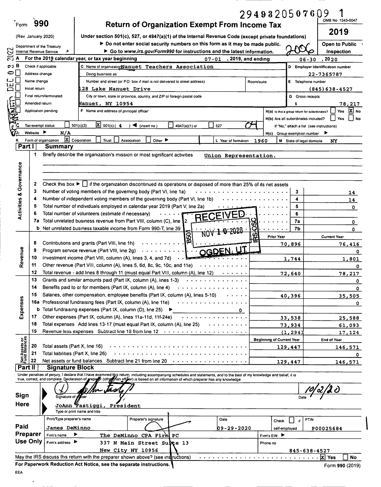 Image of first page of 2019 Form 990O for AMERICAN FEDERATION OF TEACHERS - Nanuet TEACHERS Association