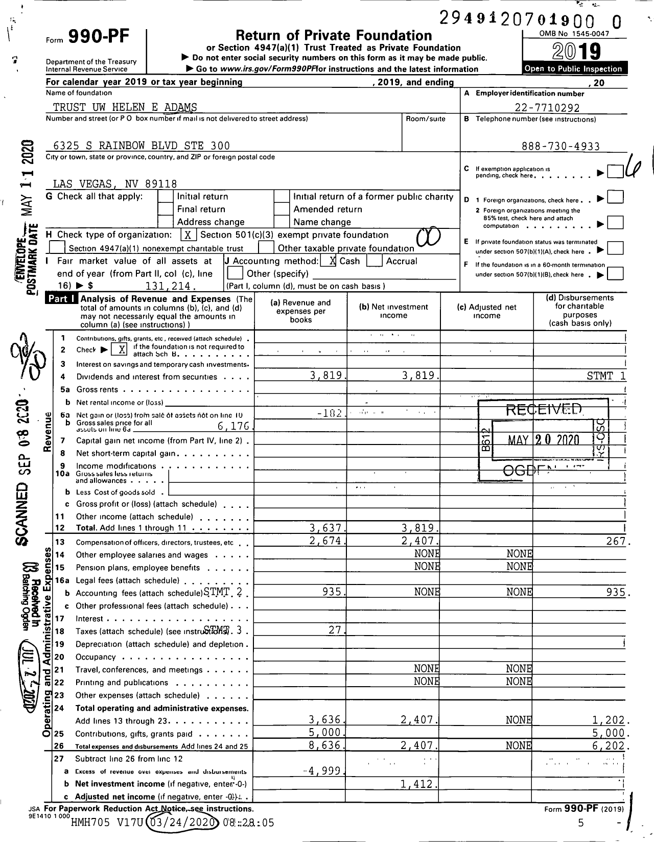 Image of first page of 2019 Form 990PR for Trust Uw Helen E Adams