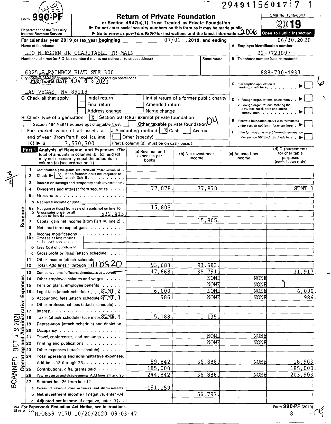 Image of first page of 2019 Form 990PF for Leo Niessen JR Charitable Tr-Main