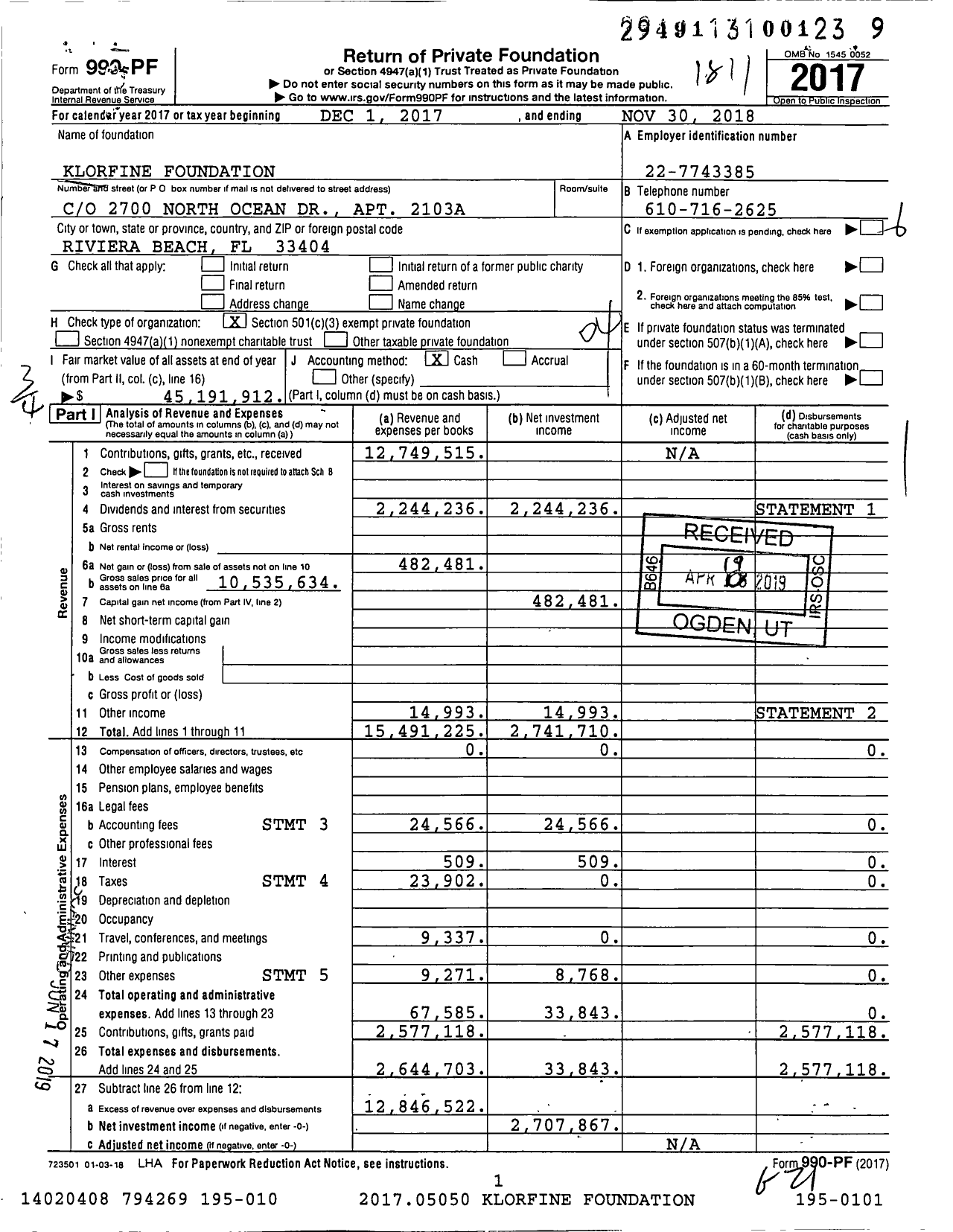 Image of first page of 2017 Form 990PF for Klorfine Foundation