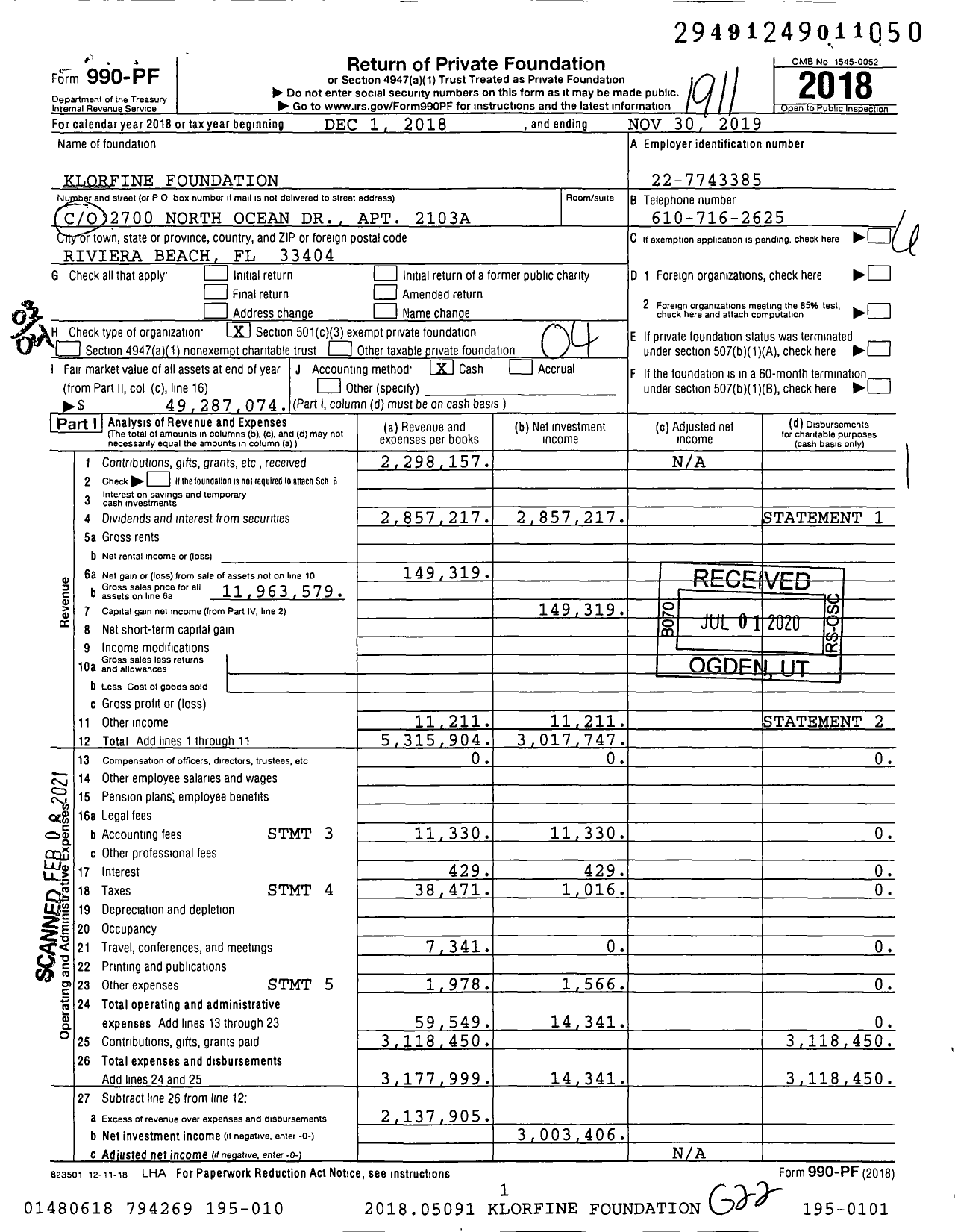 Image of first page of 2018 Form 990PF for Klorfine Foundation