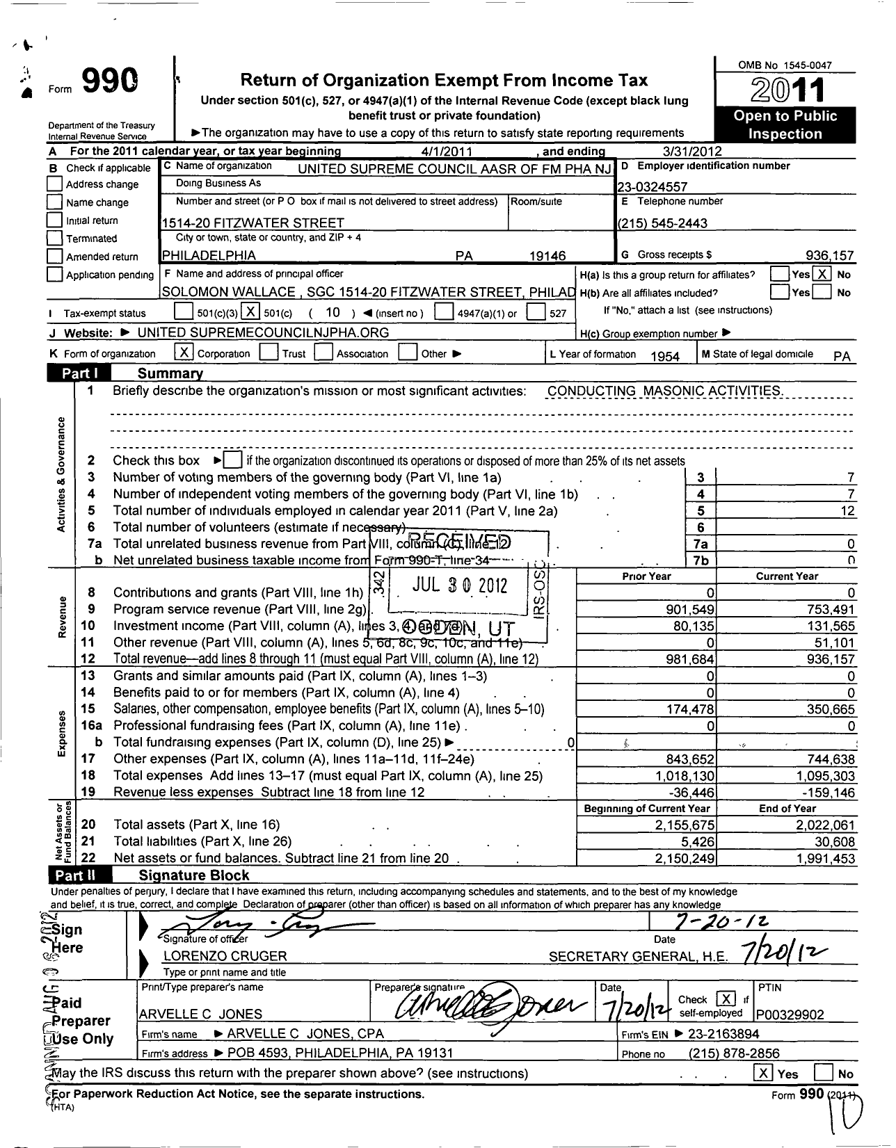 Image of first page of 2011 Form 990O for Ancient and Accepted Scottish Rite of Free Masonry Prince Hall Affili