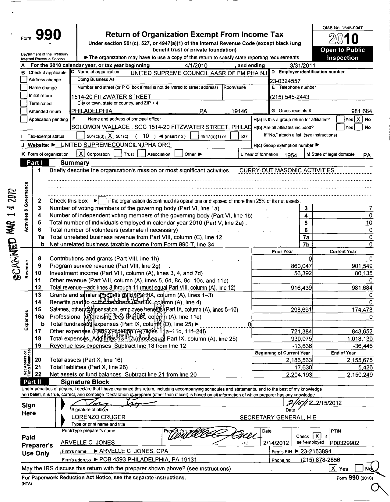 Image of first page of 2010 Form 990O for Ancient and Accepted Scottish Rite of Free Masonry Prince Hall Affili