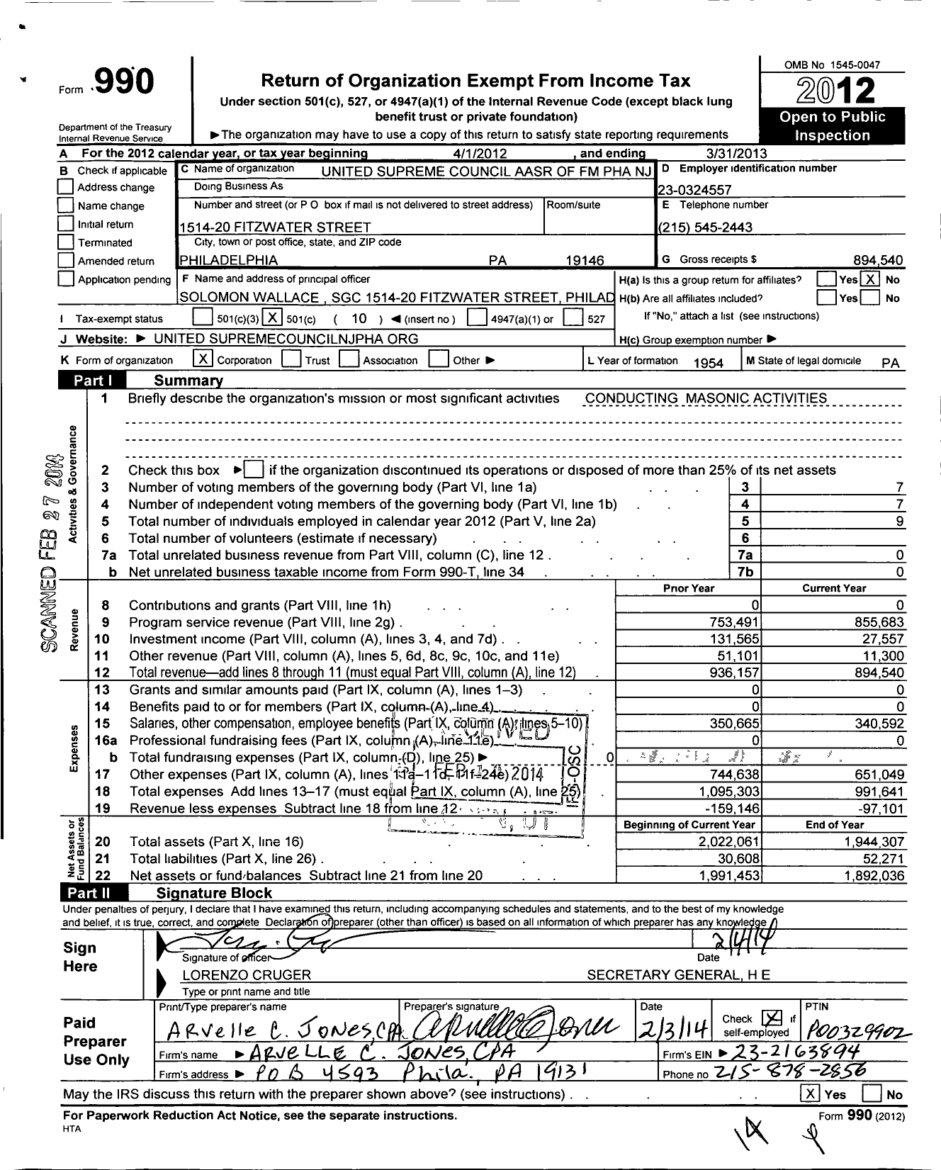 Image of first page of 2012 Form 990O for Ancient and Accepted Scottish Rite of Free Masonry Prince Hall Affili