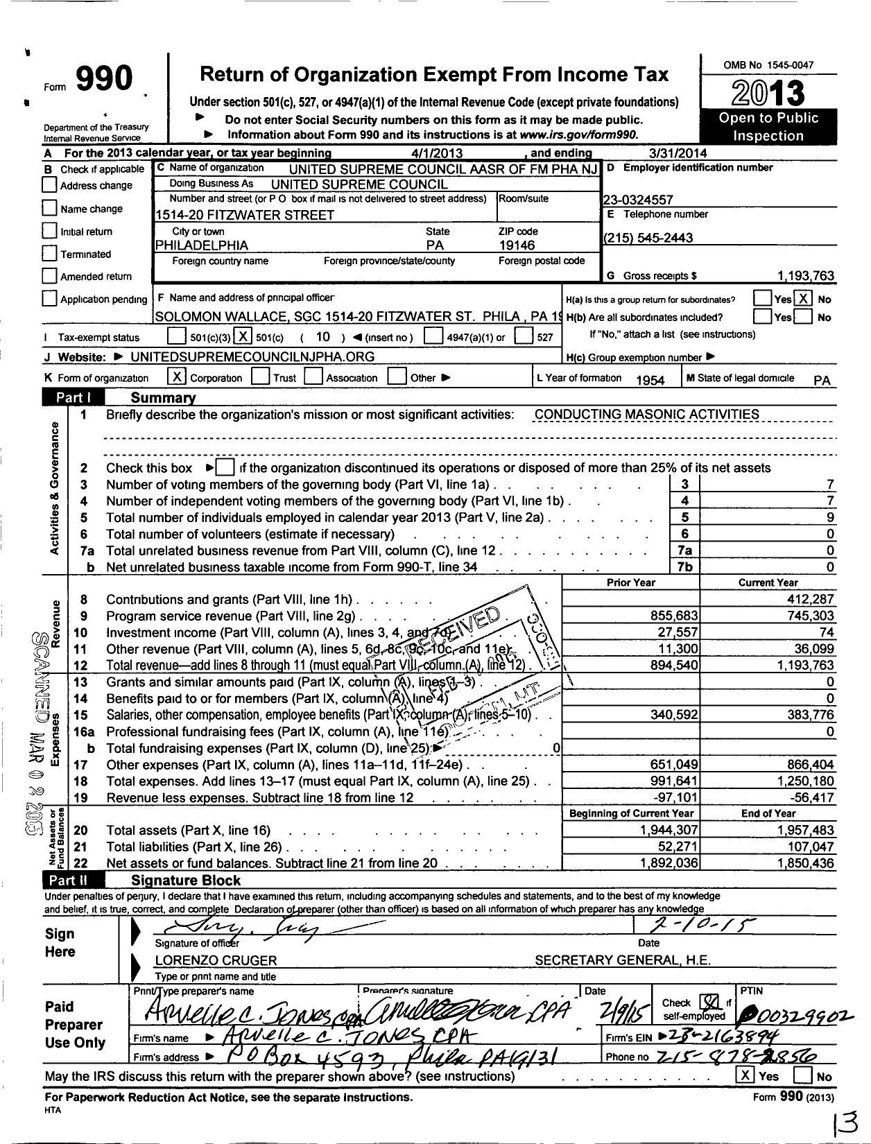 Image of first page of 2013 Form 990O for Ancient and Accepted Scottish Rite of Free Masonry Prince Hall Affili