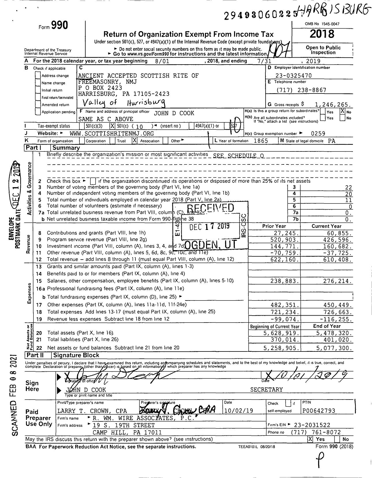 Image of first page of 2018 Form 990O for Scottish Rite, NMJ - Valley of Harrisburg Consistory