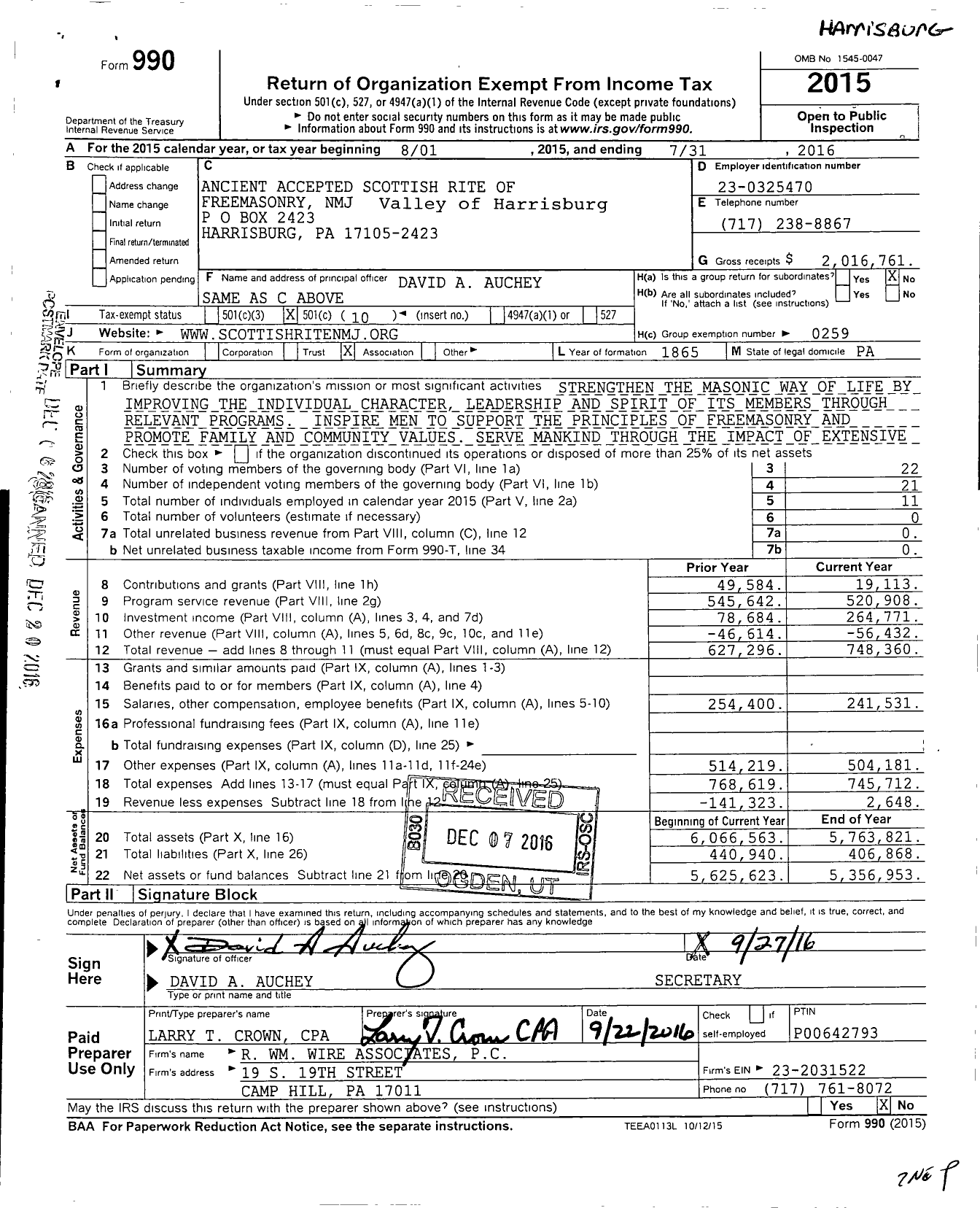 Image of first page of 2015 Form 990O for Scottish Rite, NMJ - Valley of Harrisburg Consistory