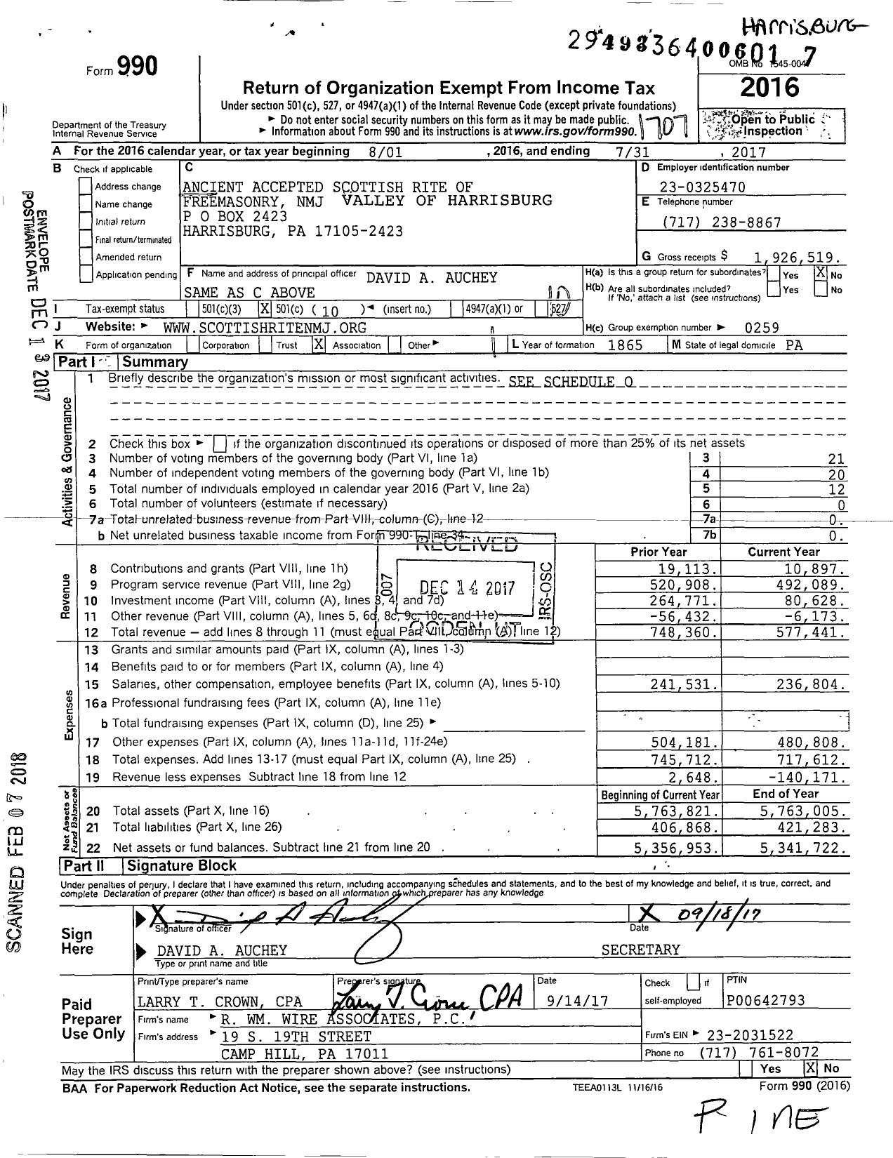 Image of first page of 2016 Form 990O for Scottish Rite, NMJ - Valley of Harrisburg Consistory