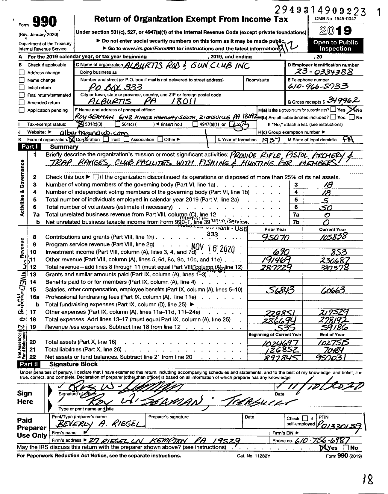 Image of first page of 2019 Form 990 for Alburtis Rod and Gun Club