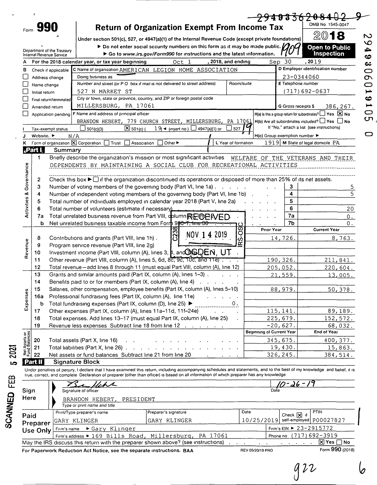 Image of first page of 2018 Form 990O for American Legion Home Association Steever R Day Post 326 Home Association