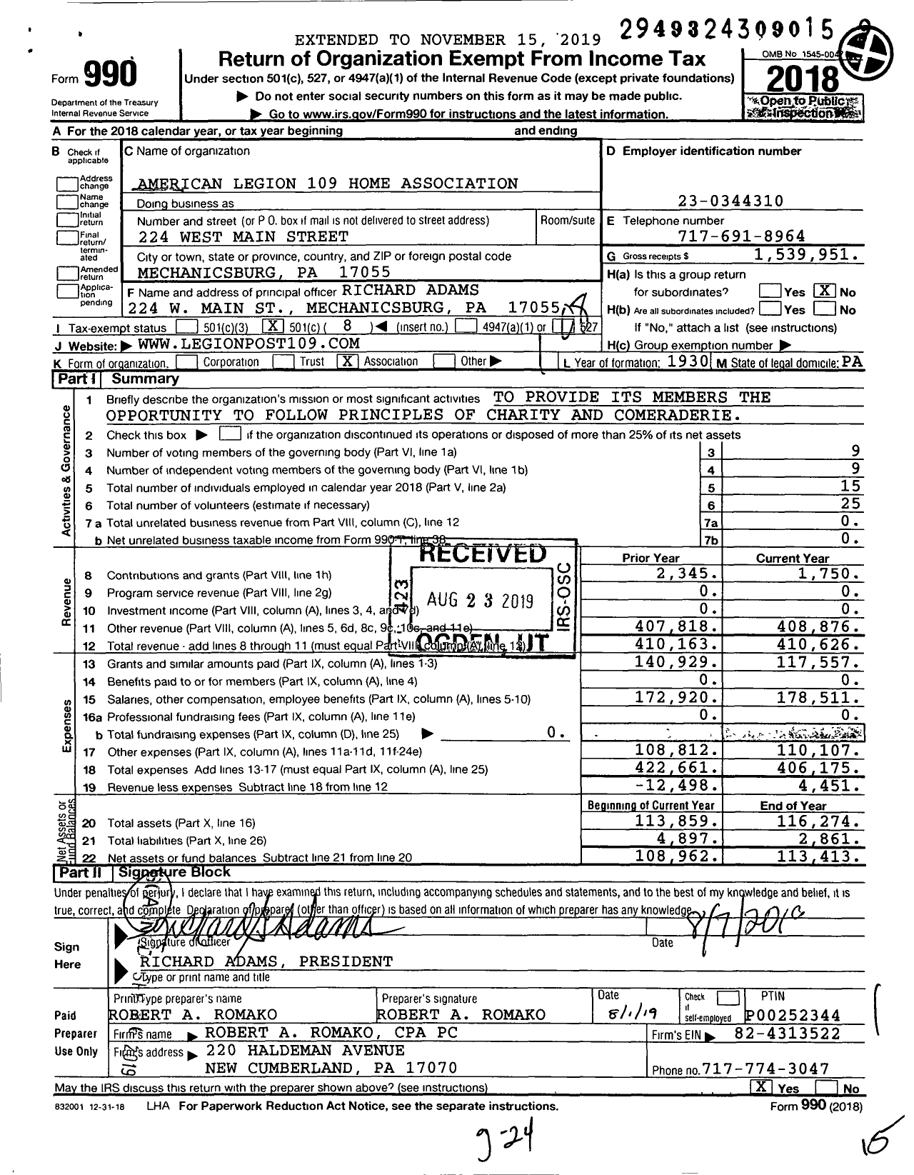 Image of first page of 2018 Form 990O for American Legion Home Associati Mechanicsburg