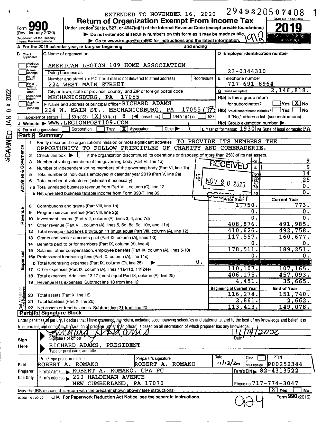 Image of first page of 2019 Form 990O for American Legion Home Associati Mechanicsburg