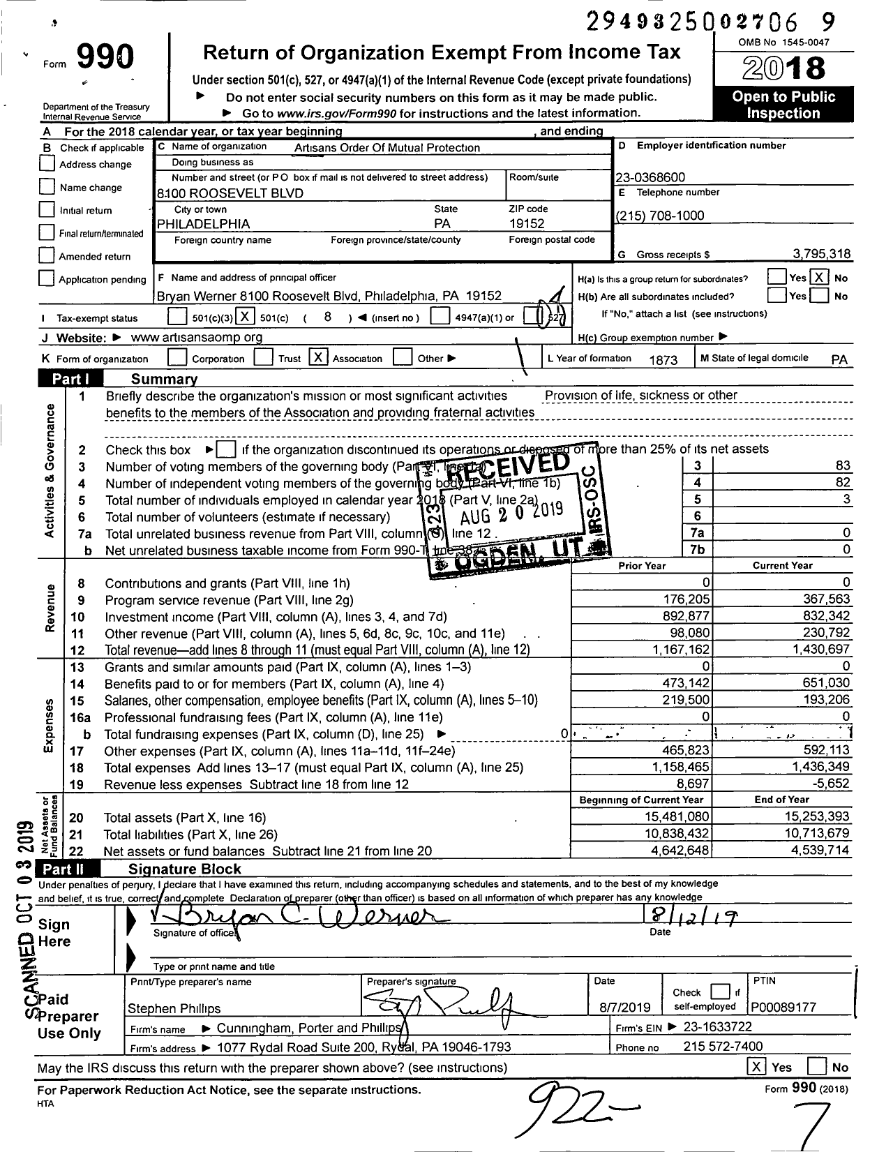 Image of first page of 2018 Form 990O for Artisans Order of Mutual Protection