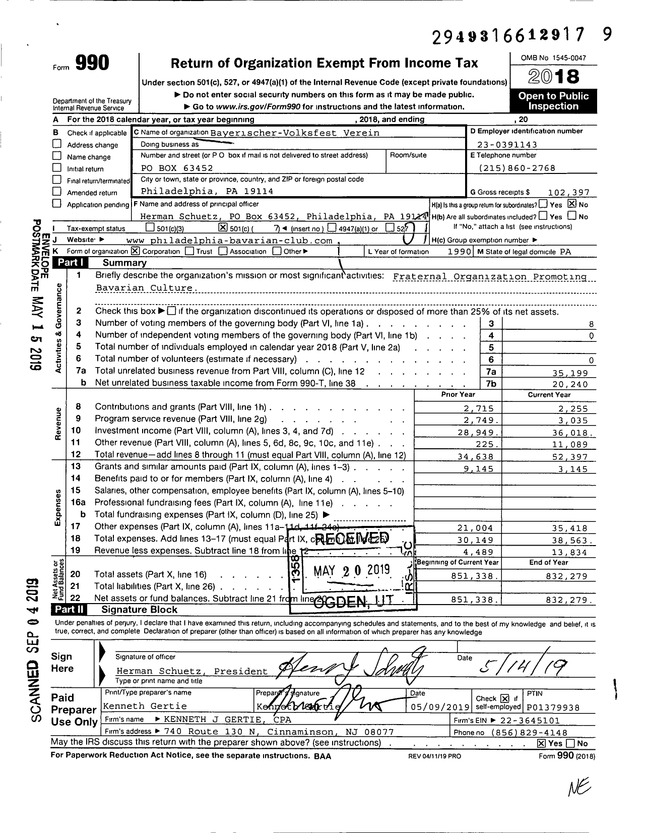 Image of first page of 2018 Form 990O for Bayerischer-Volksfest Verein