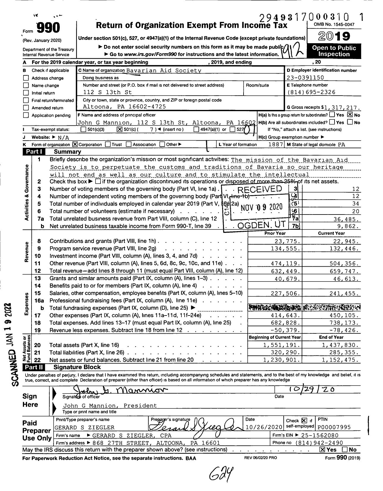 Image of first page of 2019 Form 990O for Bavarian Aid Society