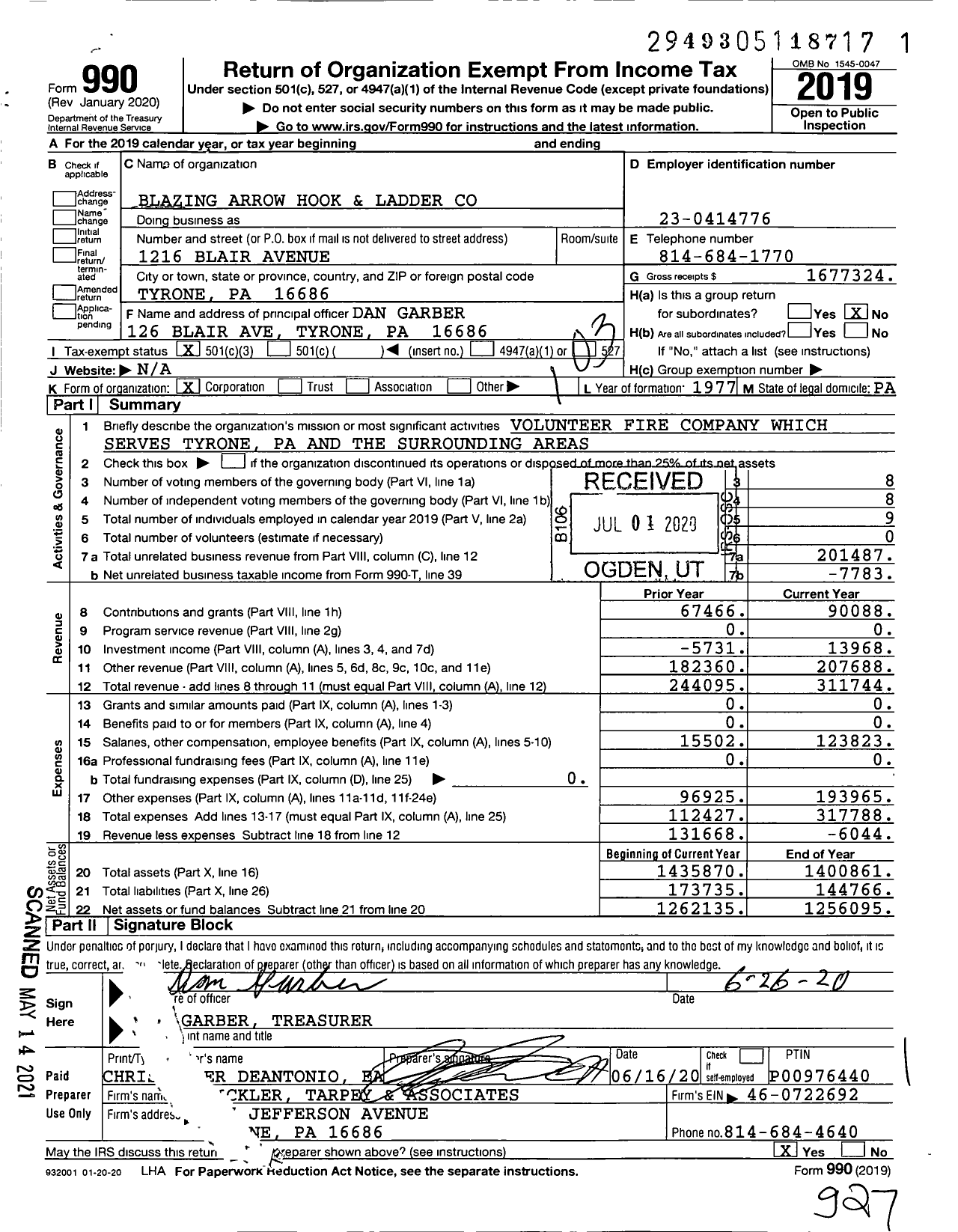 Image of first page of 2019 Form 990 for Blazing Arrow Hook and Ladder