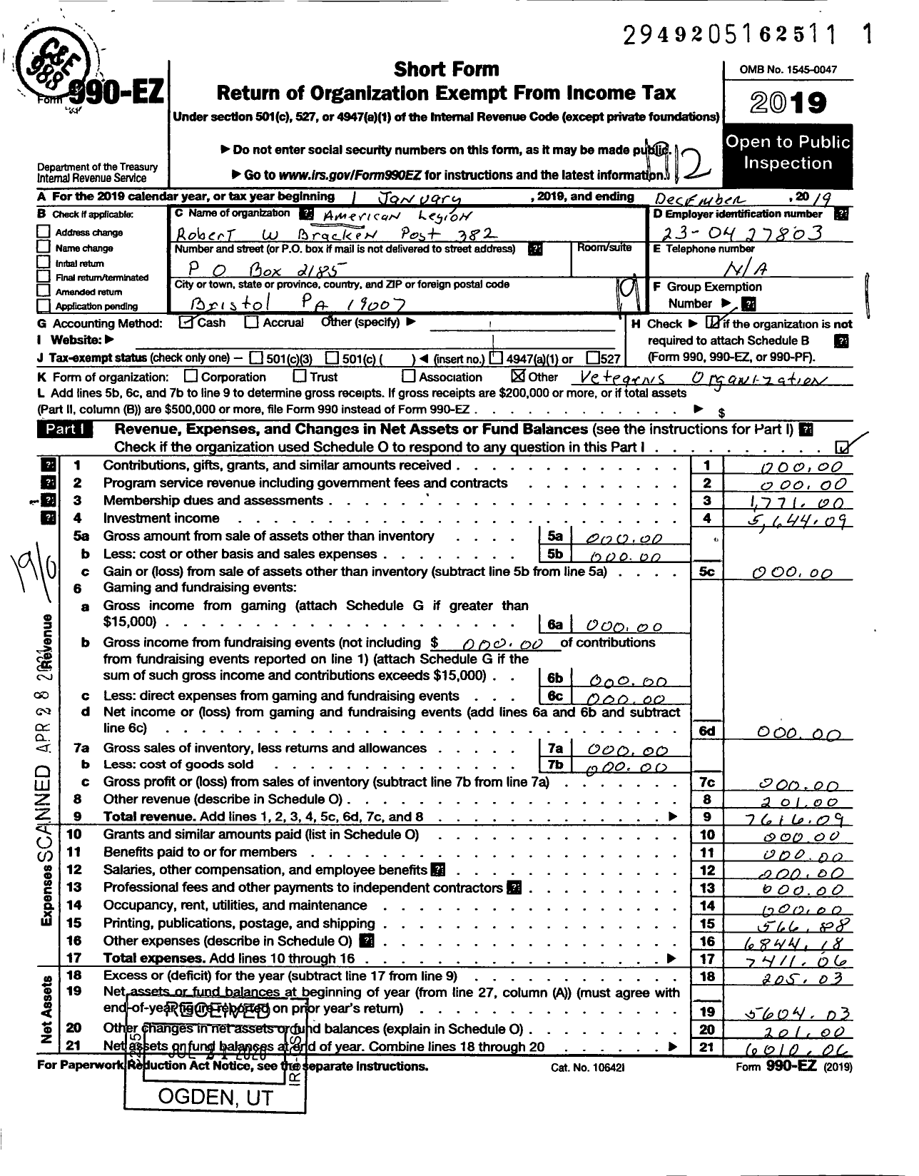 Image of first page of 2019 Form 990EO for American Legion Robert W Bracken Post 382