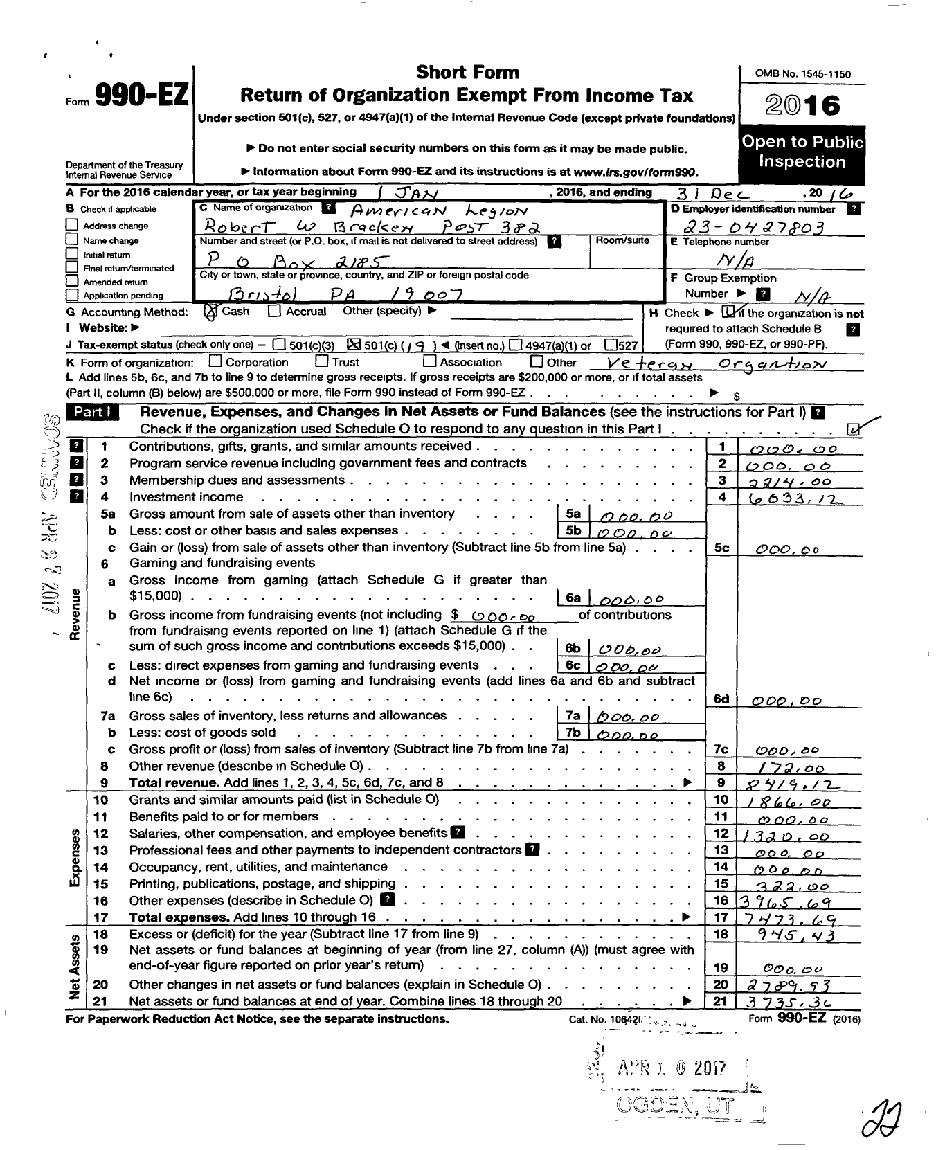 Image of first page of 2016 Form 990EO for American Legion Robert W Bracken Post 382