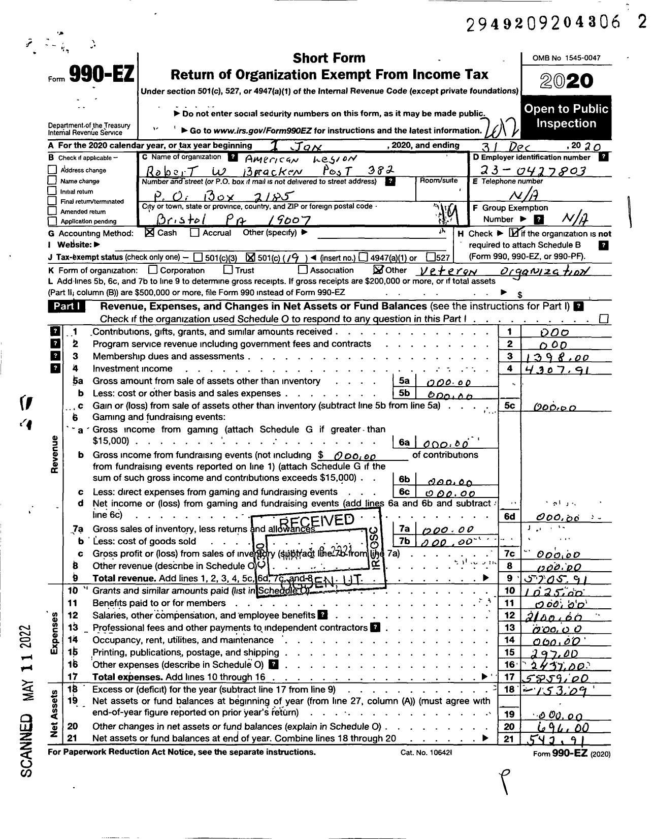 Image of first page of 2020 Form 990EO for American Legion Robert W Bracken Post 382