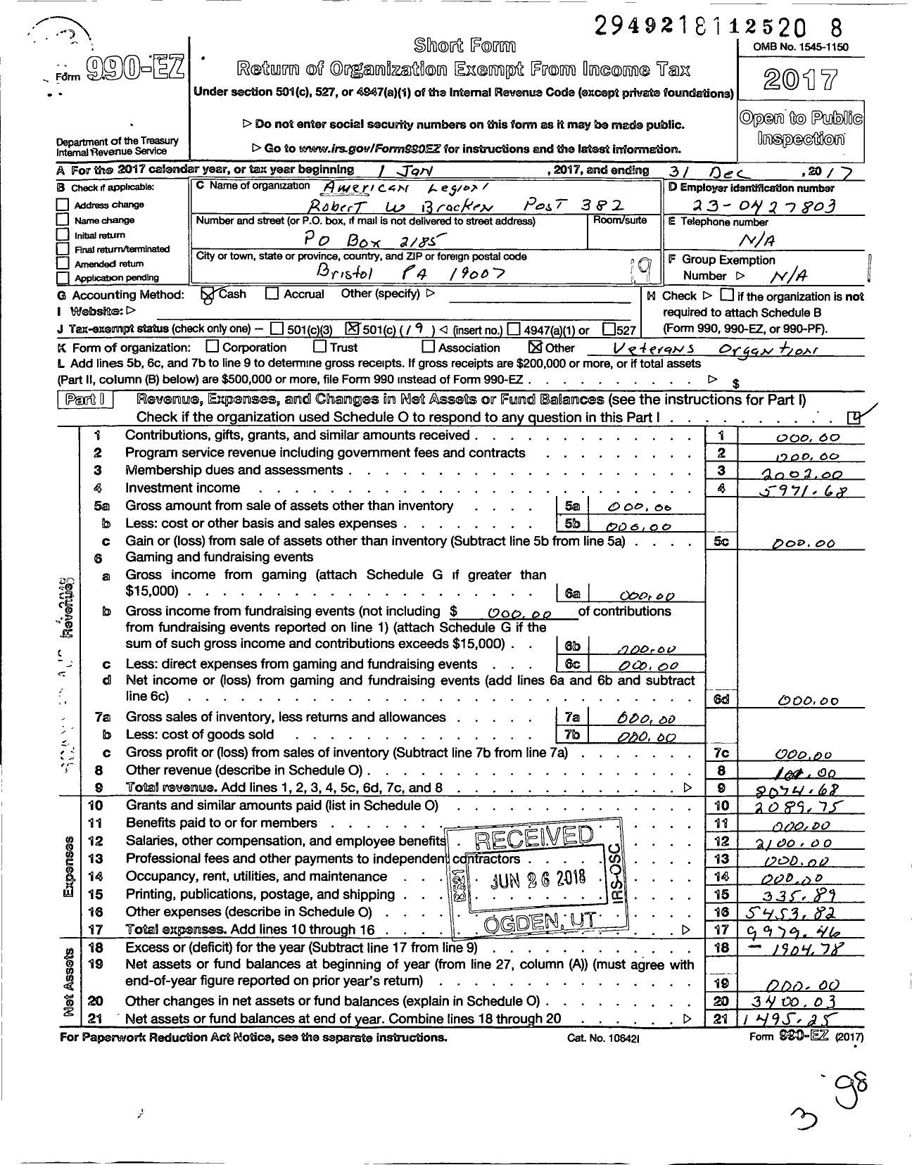 Image of first page of 2017 Form 990EO for American Legion Robert W Bracken Post 382