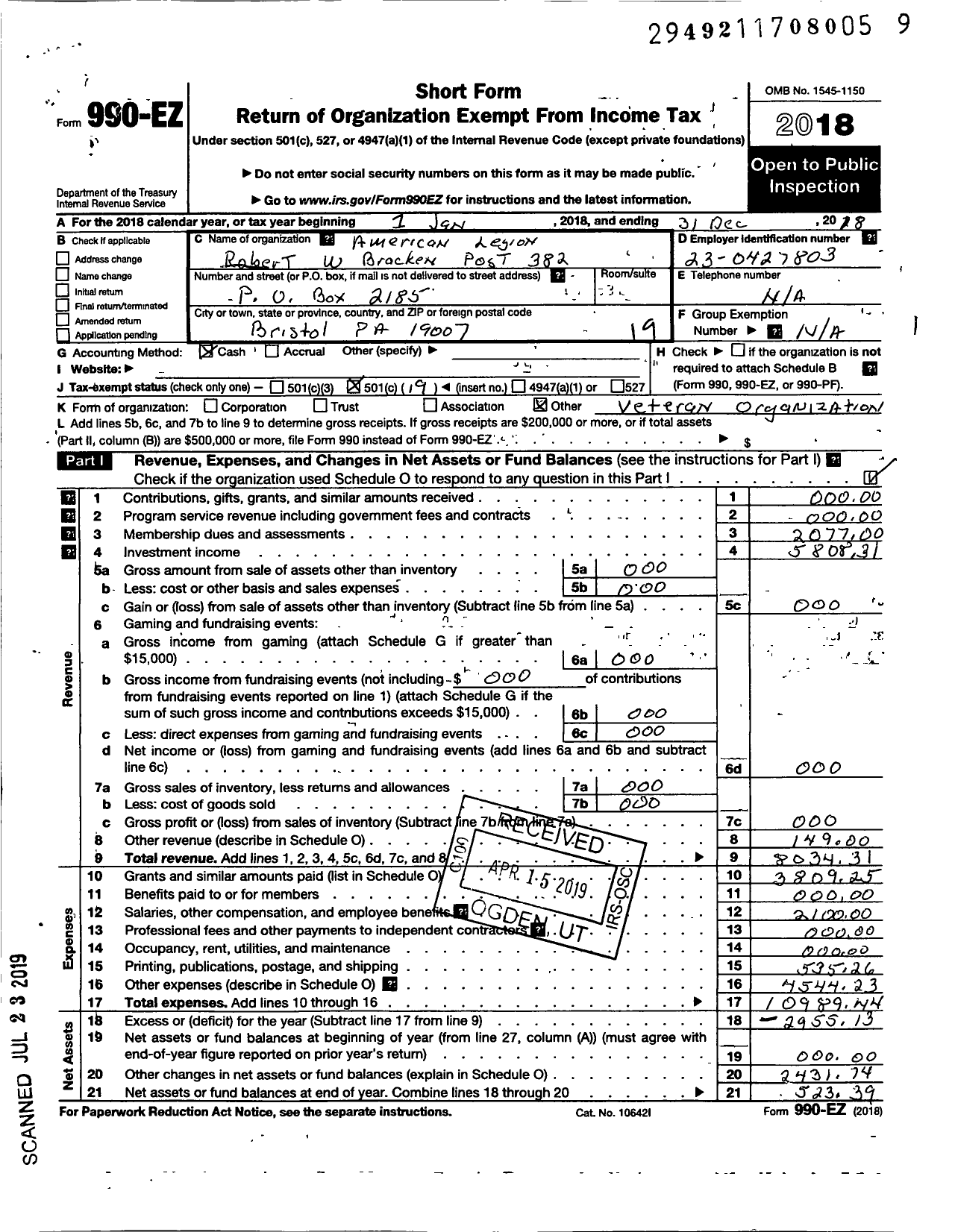 Image of first page of 2018 Form 990EO for American Legion Robert W Bracken Post 382