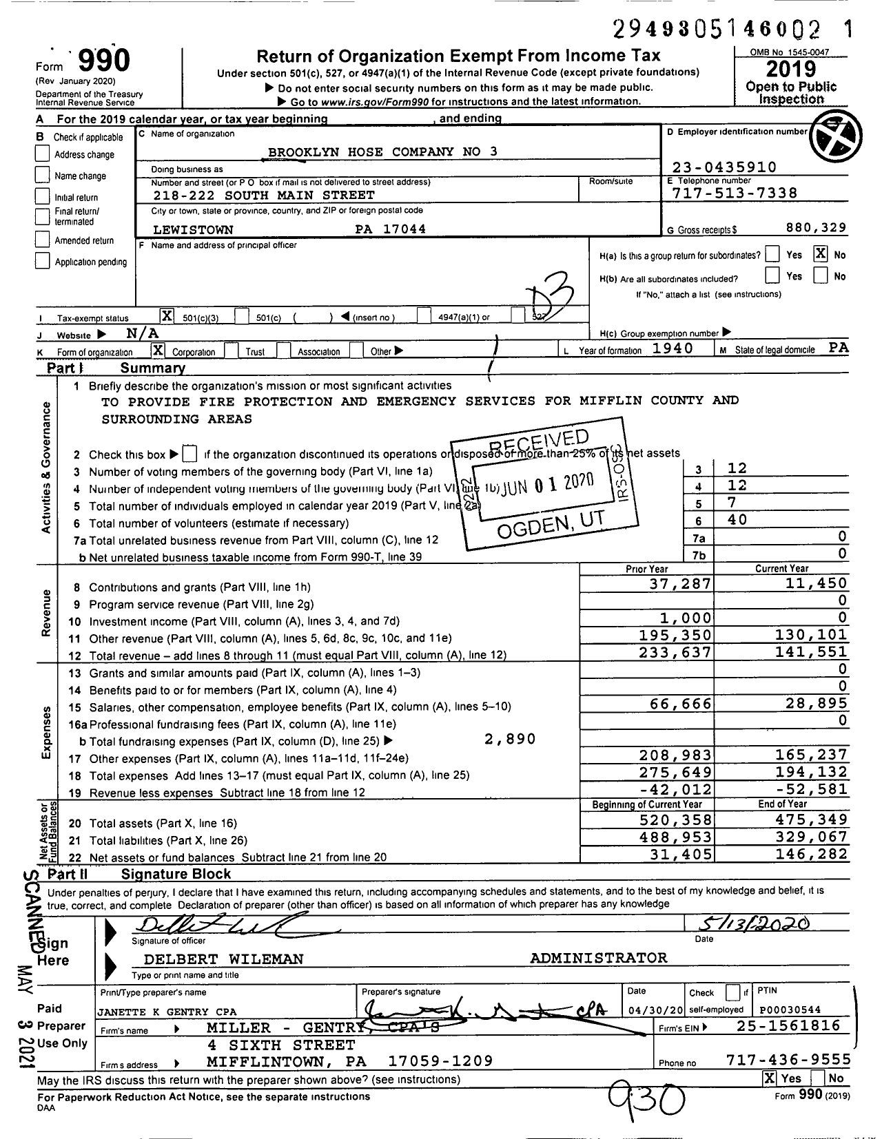 Image of first page of 2019 Form 990 for Brooklyn Hose Company No 3