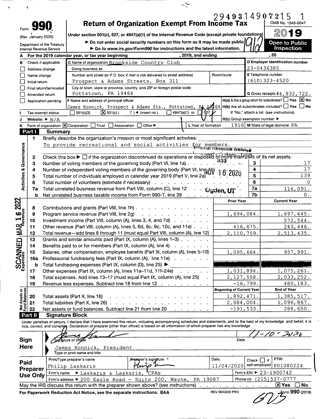 Image of first page of 2019 Form 990O for Brookside Country Club