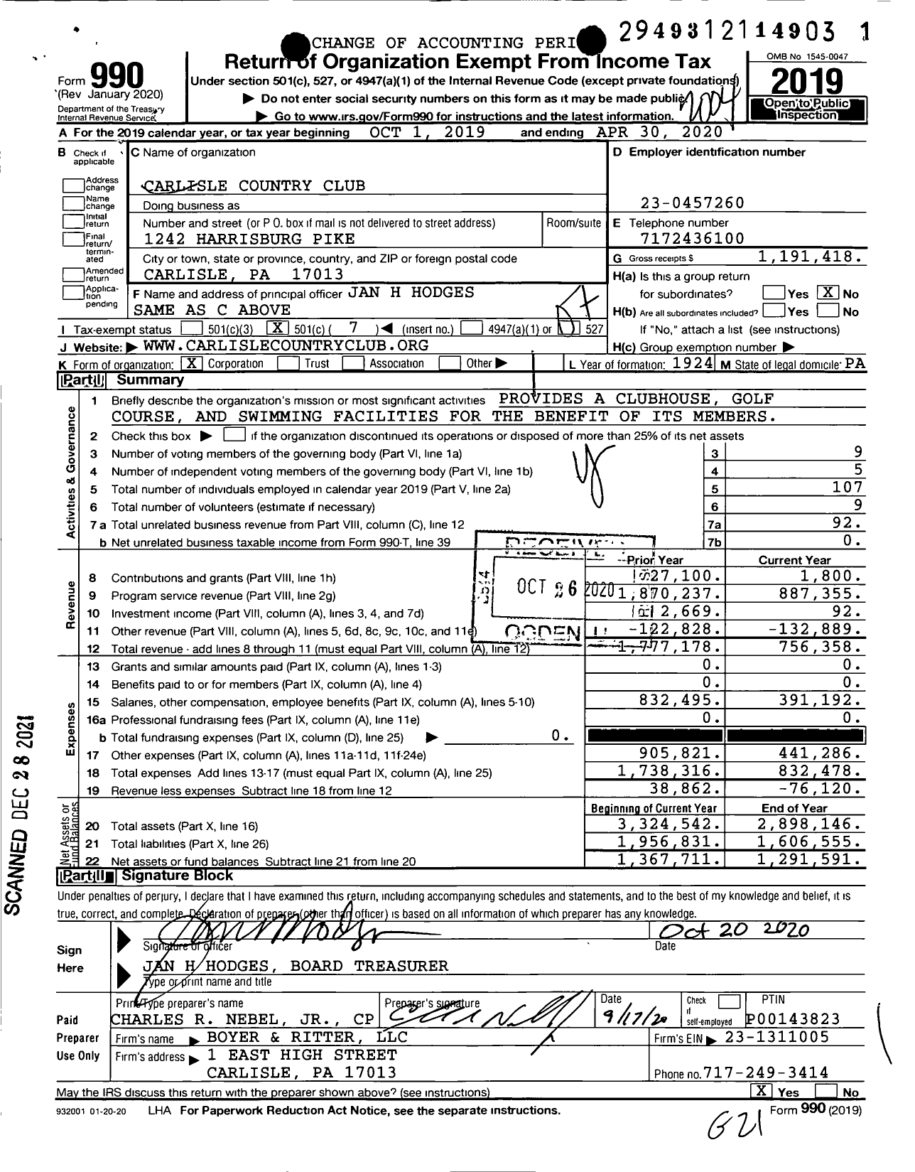 Image of first page of 2019 Form 990O for Carlisle Country Club