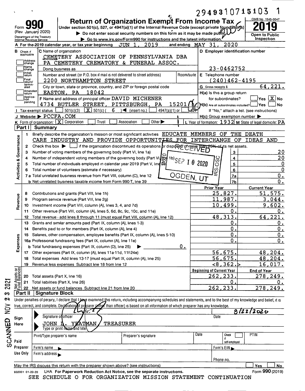 Image of first page of 2019 Form 990O for Pa Cemetery Crematory and Funeral Association